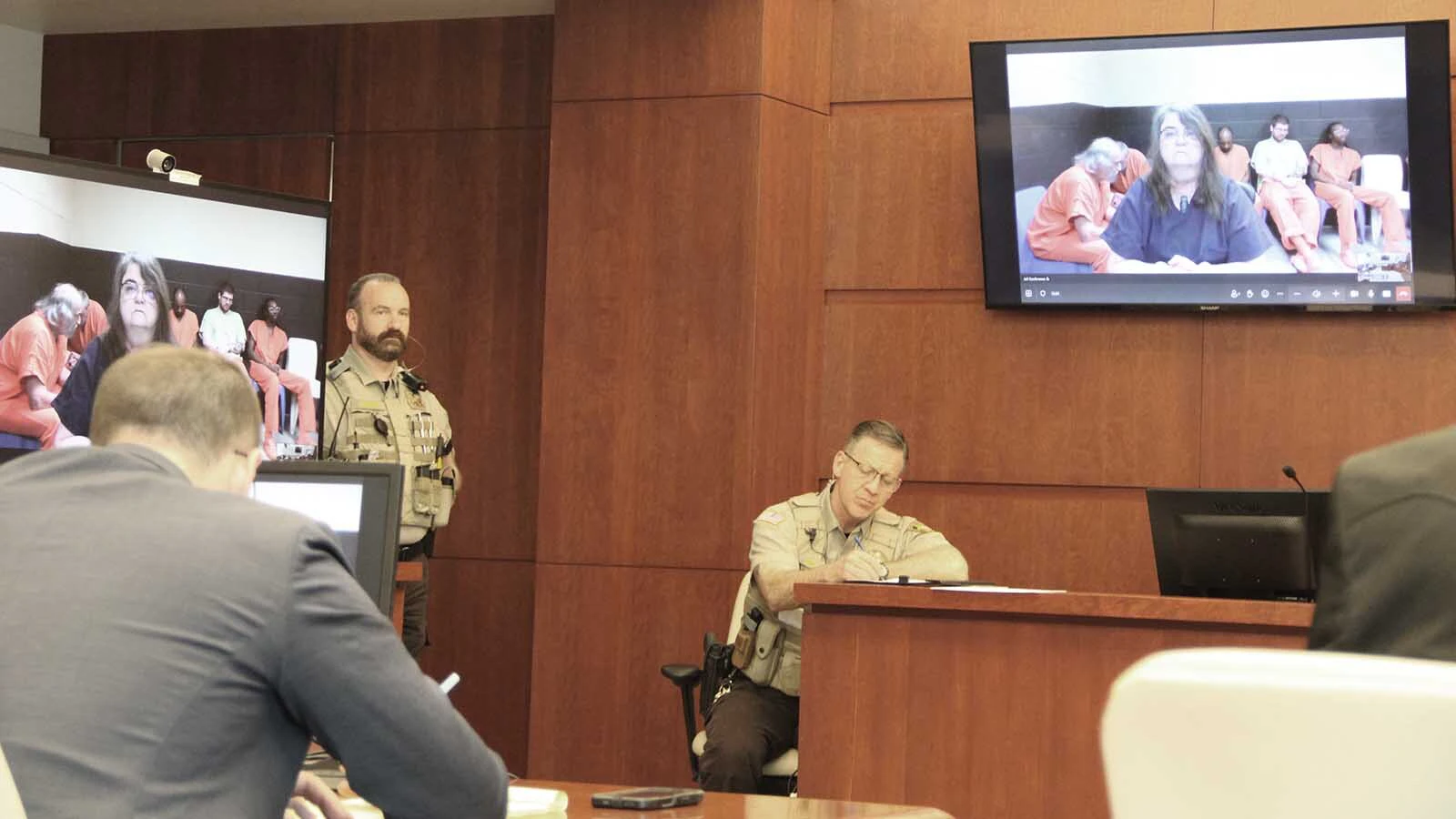 Christine Rodriguez appears via closed-circuit video in Natrona County Circuit Court on Thursday, April 16, 2026.