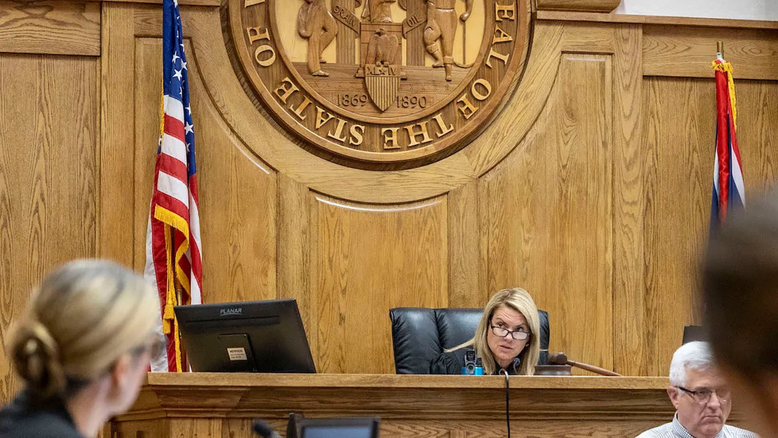 Teton County District Court Judge Melissa Owens speaks during a hearing where she denied a request by lawmakers, Wyoming Secretary of State Chuck Gray and Right to Life Wyoming to defend the laws that ban most abortions in the state. A proposed law would make it illegal to specifically threaten or intimidate a judge.
