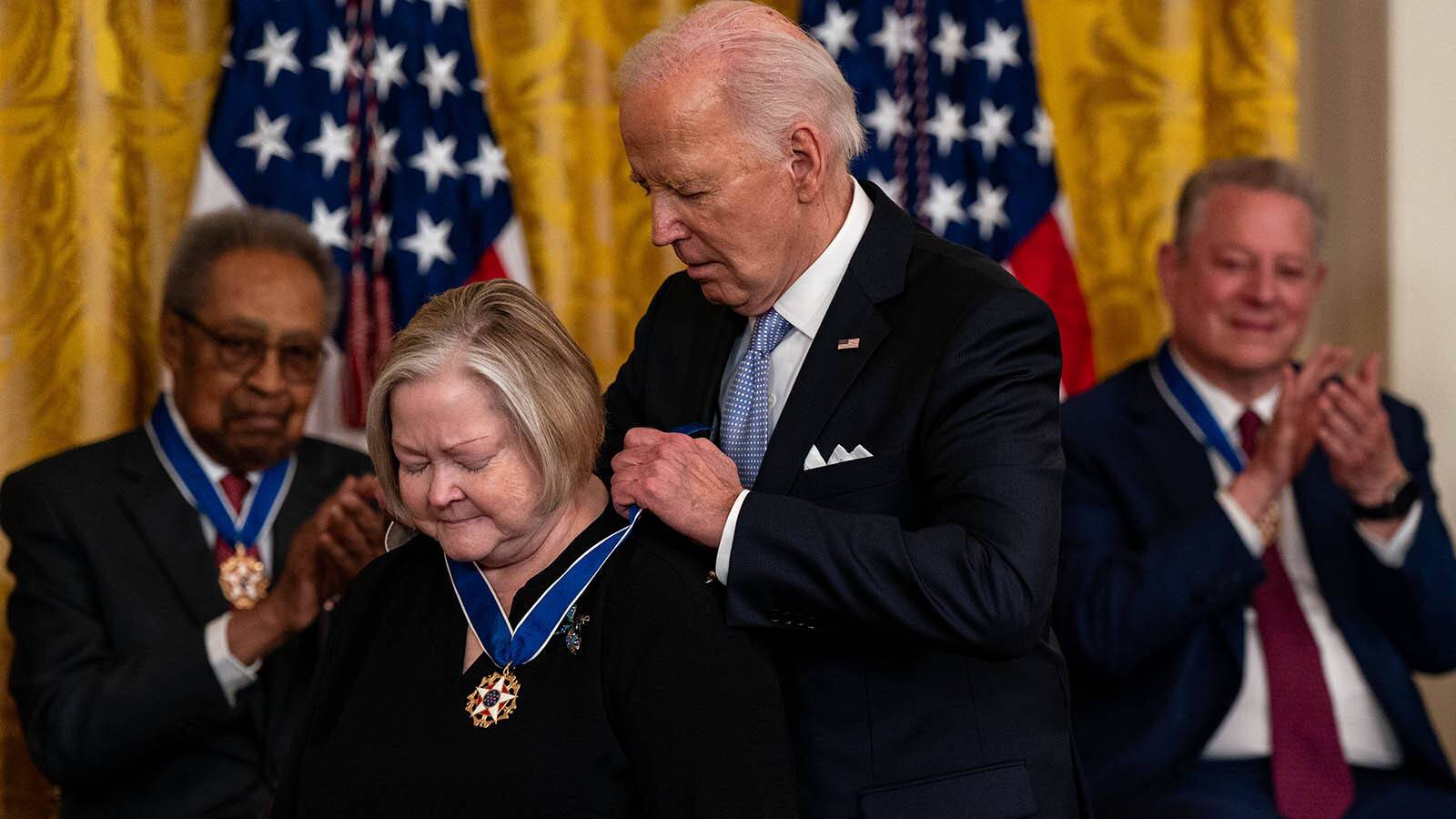 President Joe Biden presents the Presidential Medal of Freedom to Judy Shepard, mother of the late Matthew Shepard and founder of the foundation named in his honor, during a ceremony in the East Room of the White House on May 3, 2024, in Washington, D.C. President Biden awarded the Presidential Medal of Freedom, the Nation's highest civilian honor, to 19 individuals including political leaders, civil rights icons and other influential cultural icons.