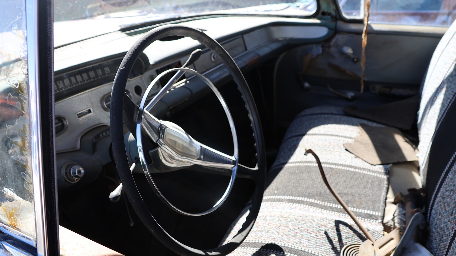 he interior of the 1958 Chevy Biscayne at The Junkyard.