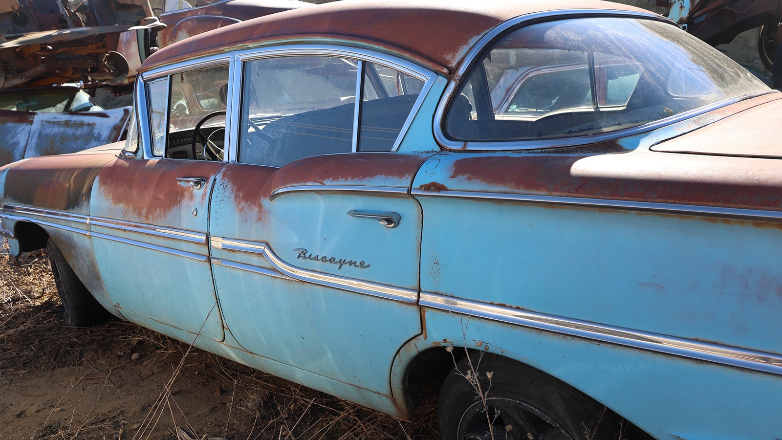 A 1958 Chevy Biscayne is one of two Biscaynes Dickinson has at The Junkyard.