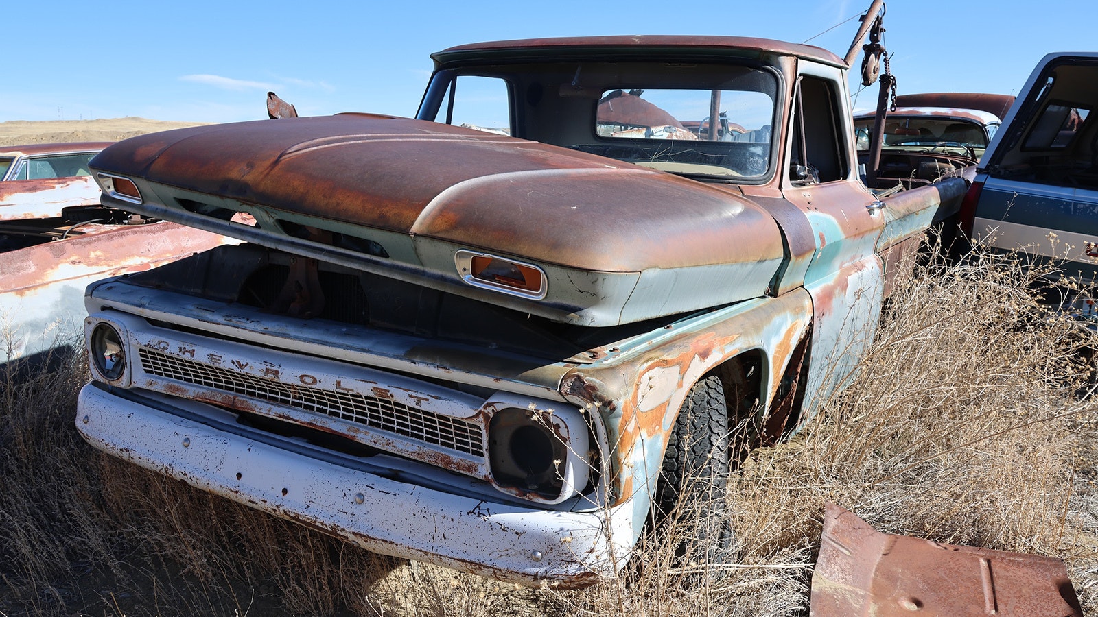 A 1950s-era Chevy pickup is one of the remaining hot vehicles at The Junkyard.