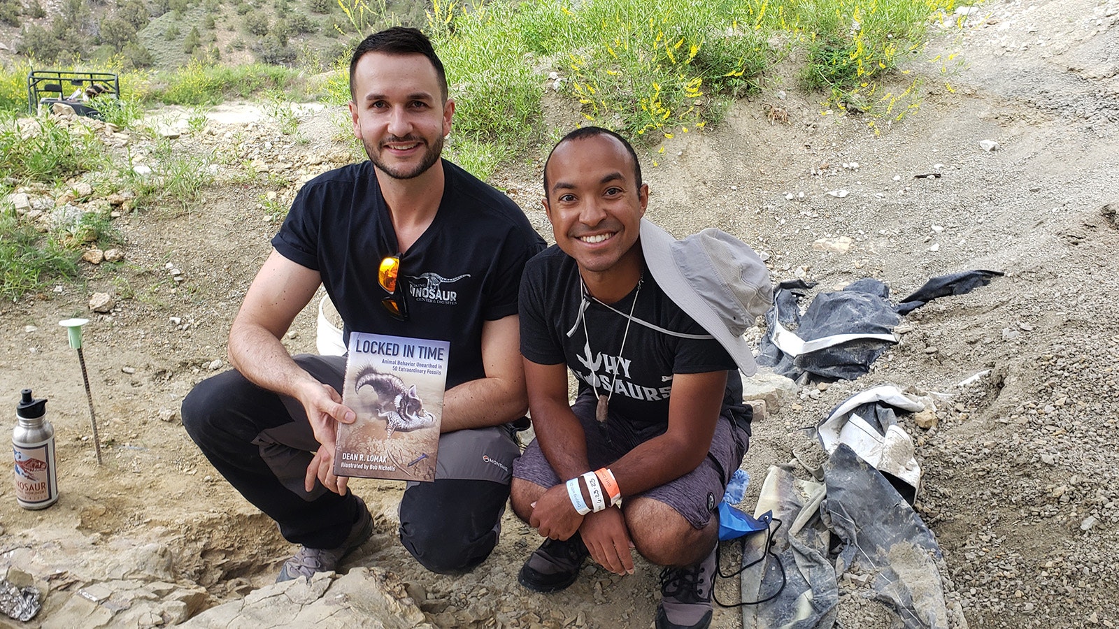 Lomax poses with Jadon Davis, a dinosaur expert from Las Vegas who is a fan of Lomax's work and traveled to Wyoming to join a dig with him.