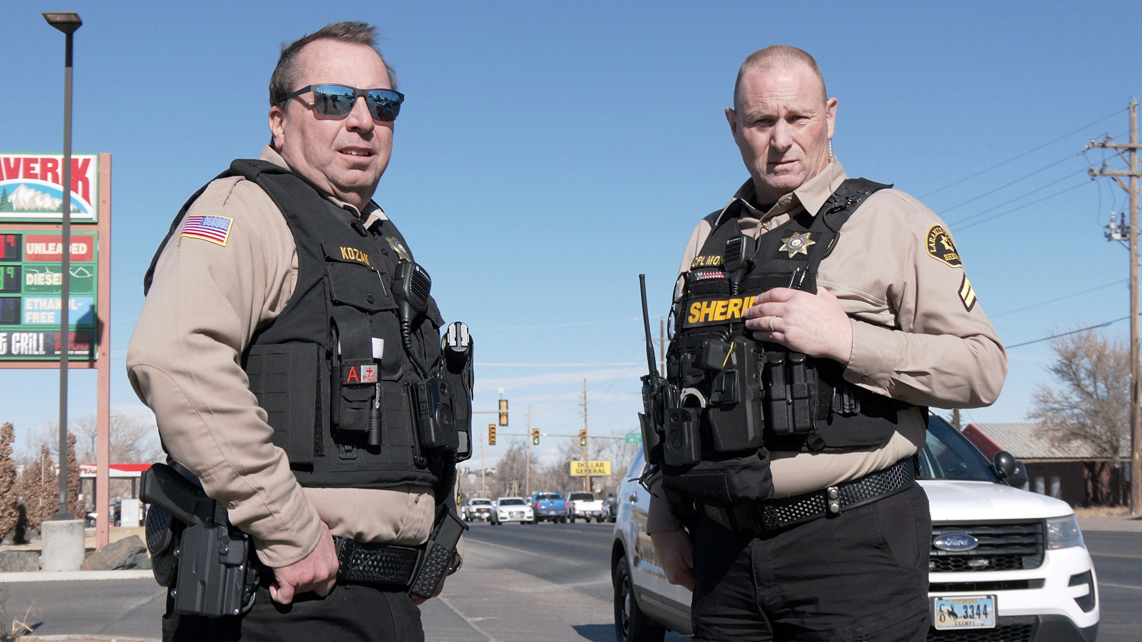 Sheriff Brian Kozak says goodbye to Cpl. Larry Moniz after the pair completed a traffic stop and wrote the driver a ticket for speeding and failure to show vehicle insurance on Feb. 5, 2025.