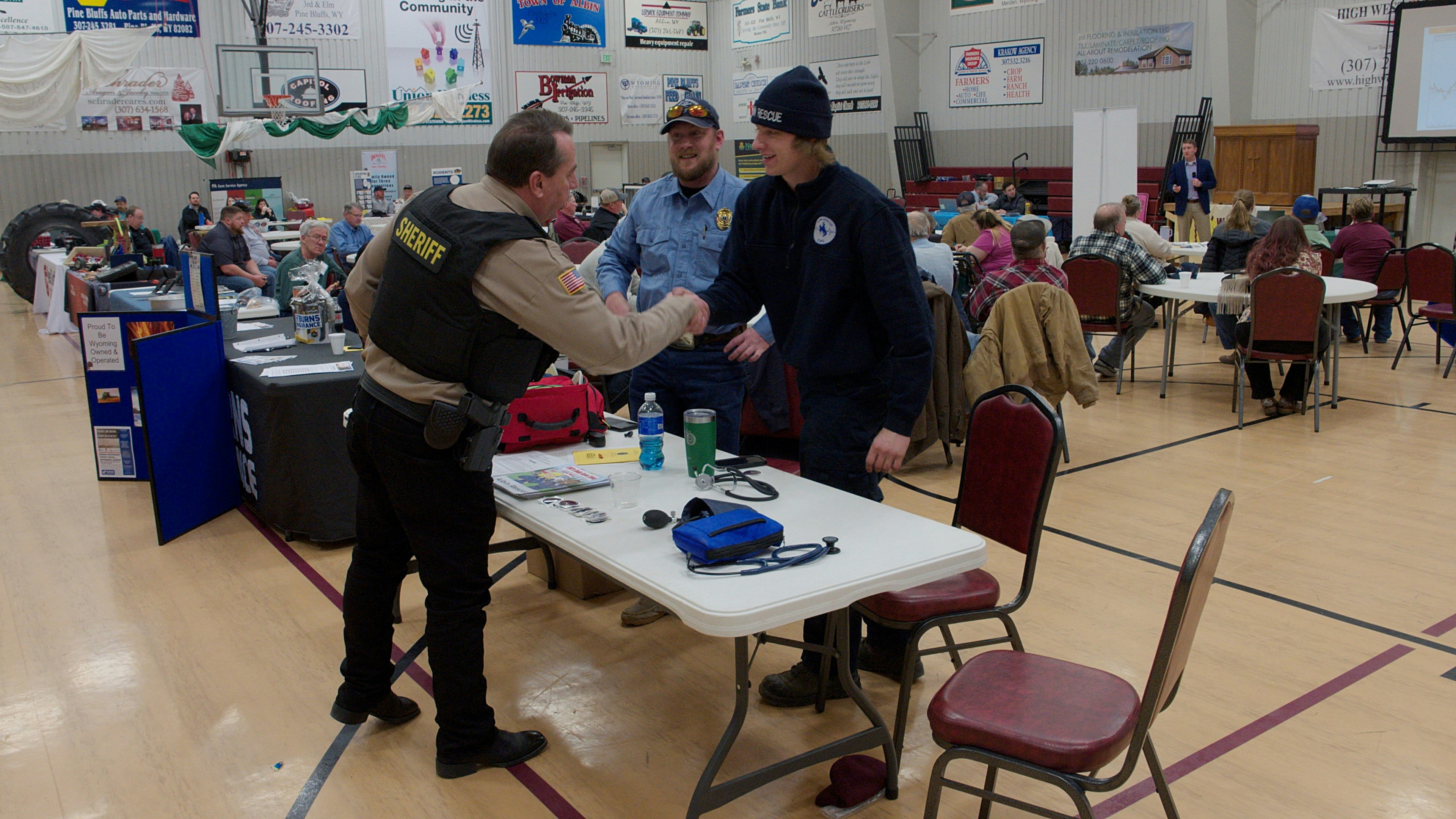 Organizers of the Albin Farm Show invited Sheriff Brian Kozak to attend their event. Kozak shakes the hands of vendors on Feb. 5, 2025.