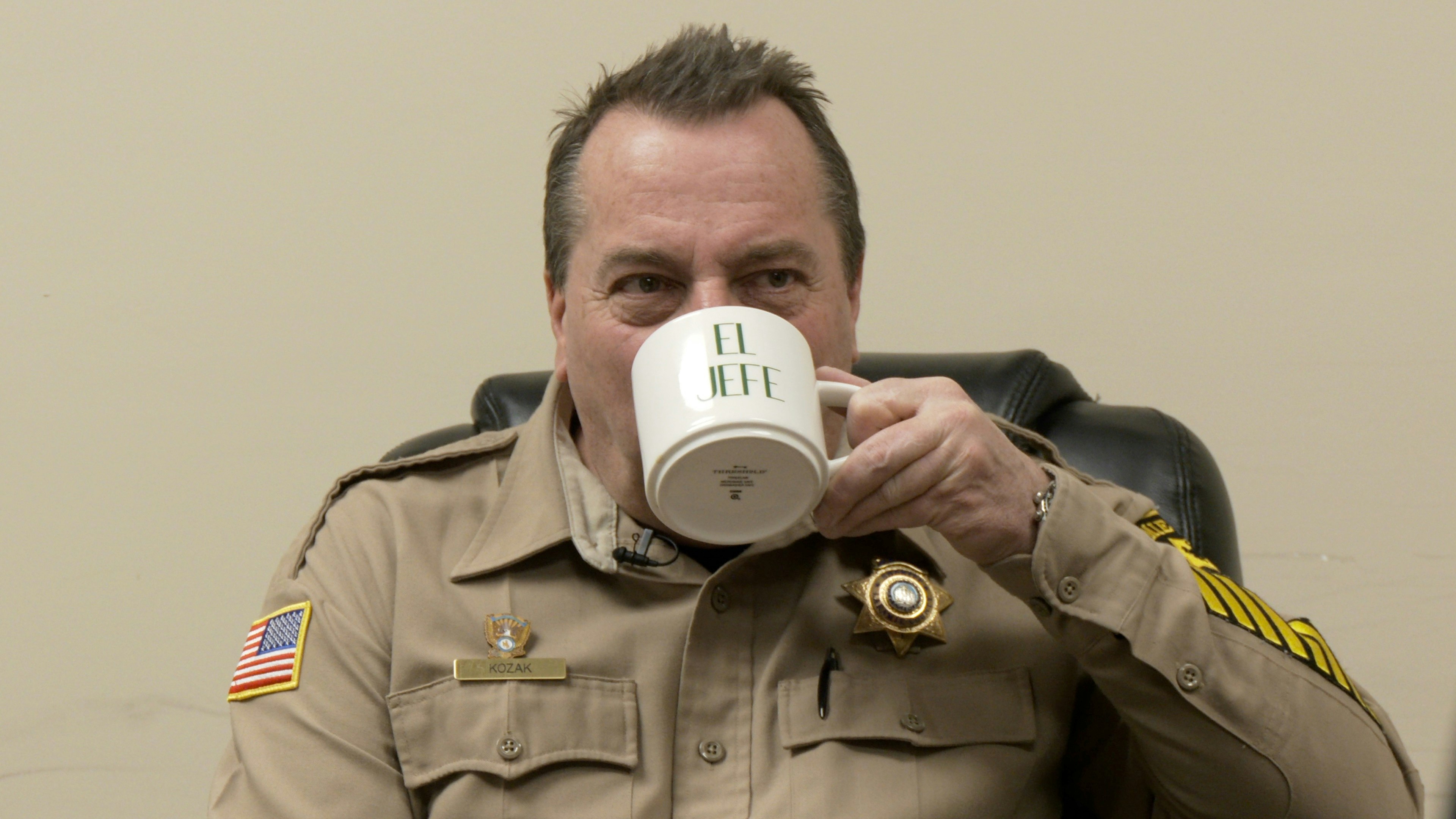 Sheriff Brian Kozak drinks coffee during the department’s morning meeting on Feb. 5, 2025.