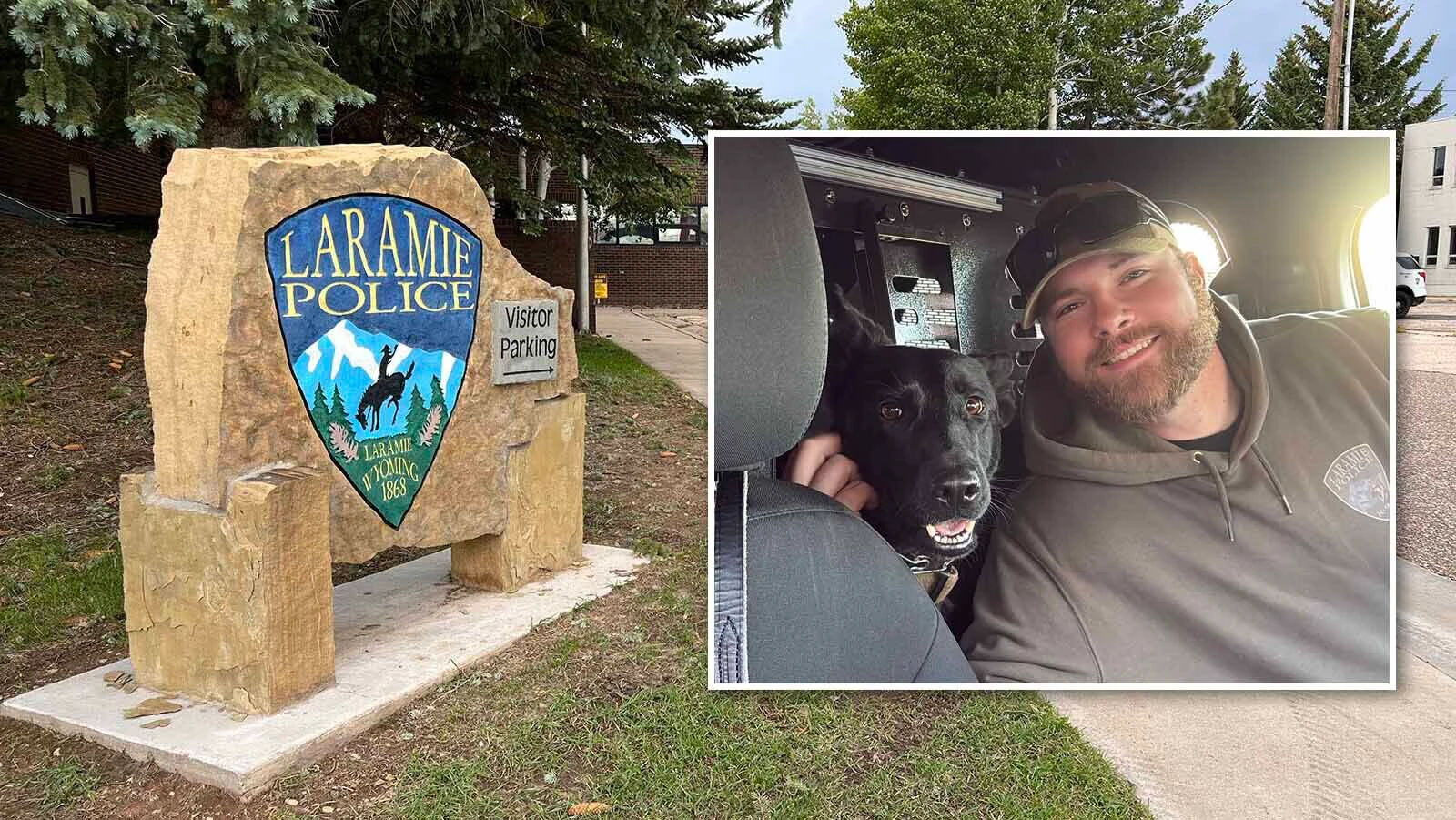Laramie Police Officer Seth Meyer poses with K-9 Zara inside their patrol vehicle.