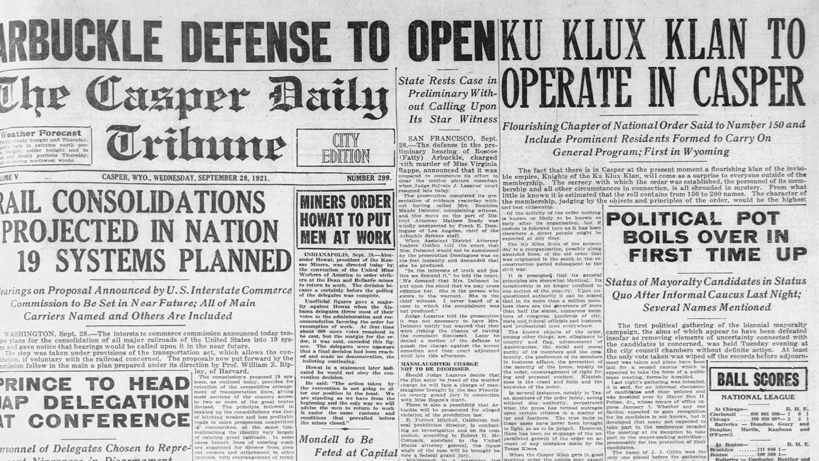 The Ku Klux Klan opening a chapter in Casper was front-page news in the Casper Daily Tribune.