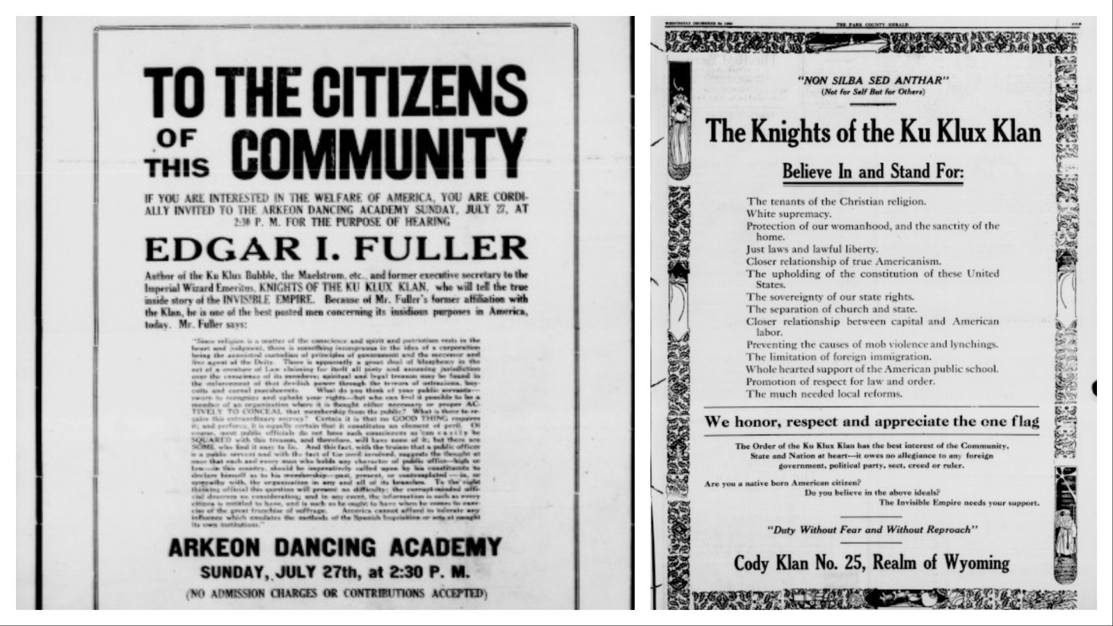 Left: An ad on July 25, 1924, in the Casper Herald promoted a meeting with an anti-Klan speaker. Right: An ad in the Cody Enterprise on Dec. 24, 1925, promoted the local Cody Klan group and its beliefs.