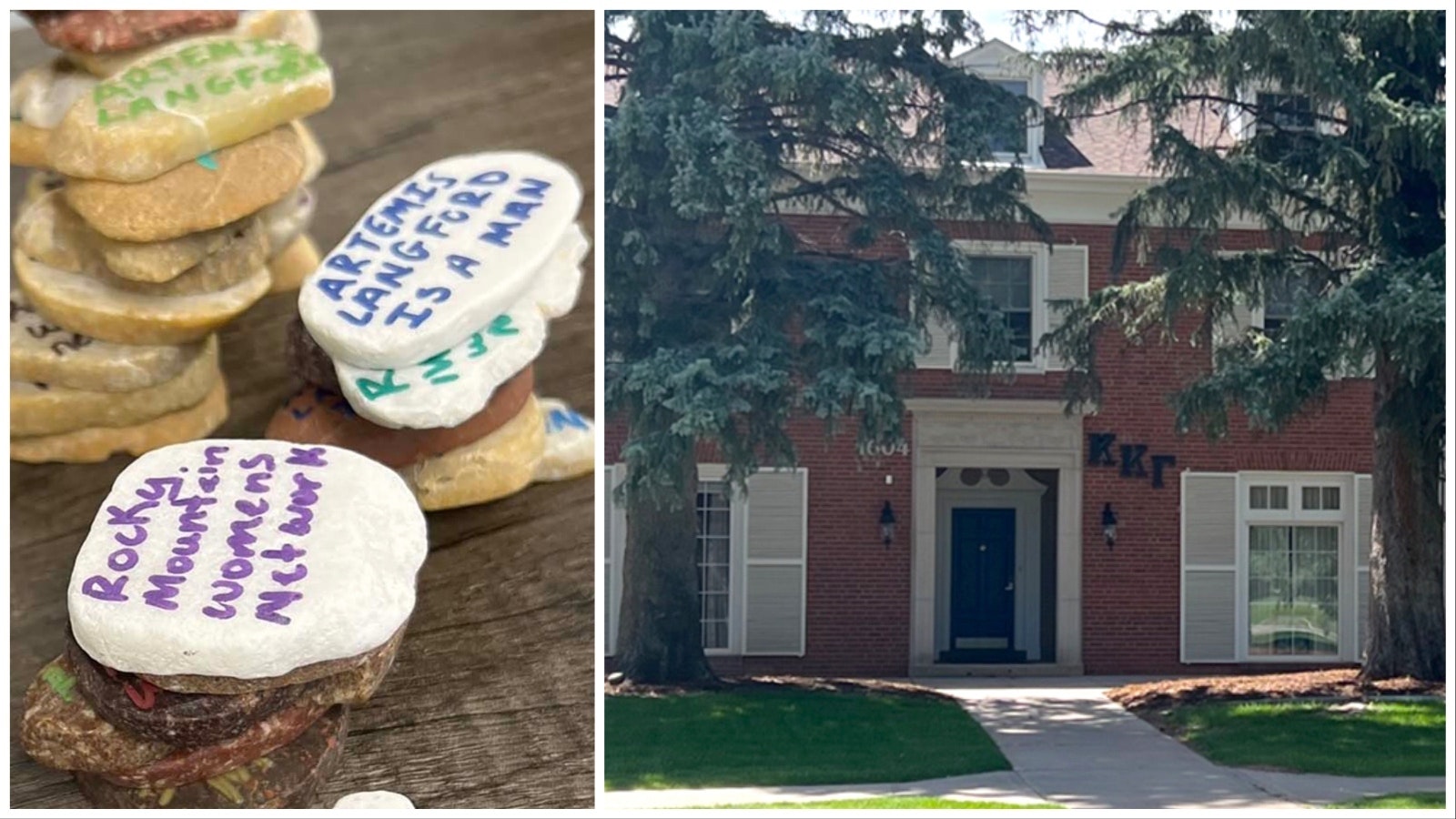 Some of the painted rocks that were spread around the University of Wyoming campus near the Kappa Kappa Gamma sorority house Thursday evening.