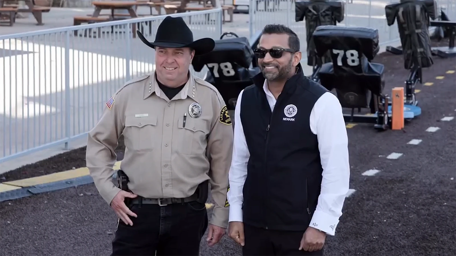 FBI Director Kash Patel visited Wyoming law enforcement leaders Wednesday at War Memorial Stadium in Laramie. The FBI talked with Wyoming sheriffs and other agency heads about its technology capabilities, managing various crime trends, and working together. Here, he poses for a photo with Laramie County Sheriff Brian Kozak.