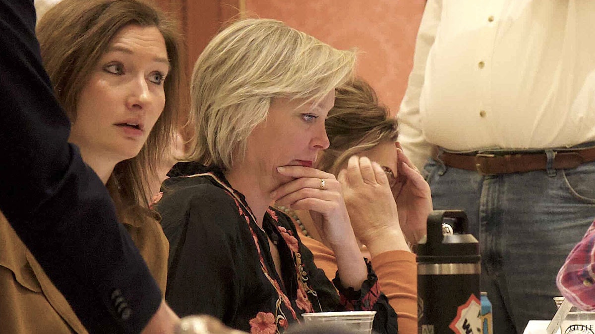 The Teton County Republican Party Chair Kat Rueckert and Rebecca Bextel at the Wyoming Republican Party's quarterly Central Committee meeting Saturday at Little America in Cheyenne. At one point during the meeting, Rueckert turned to the media and suggested they cover Wyoming’s connection to the Epstein files instead of CheckGate.