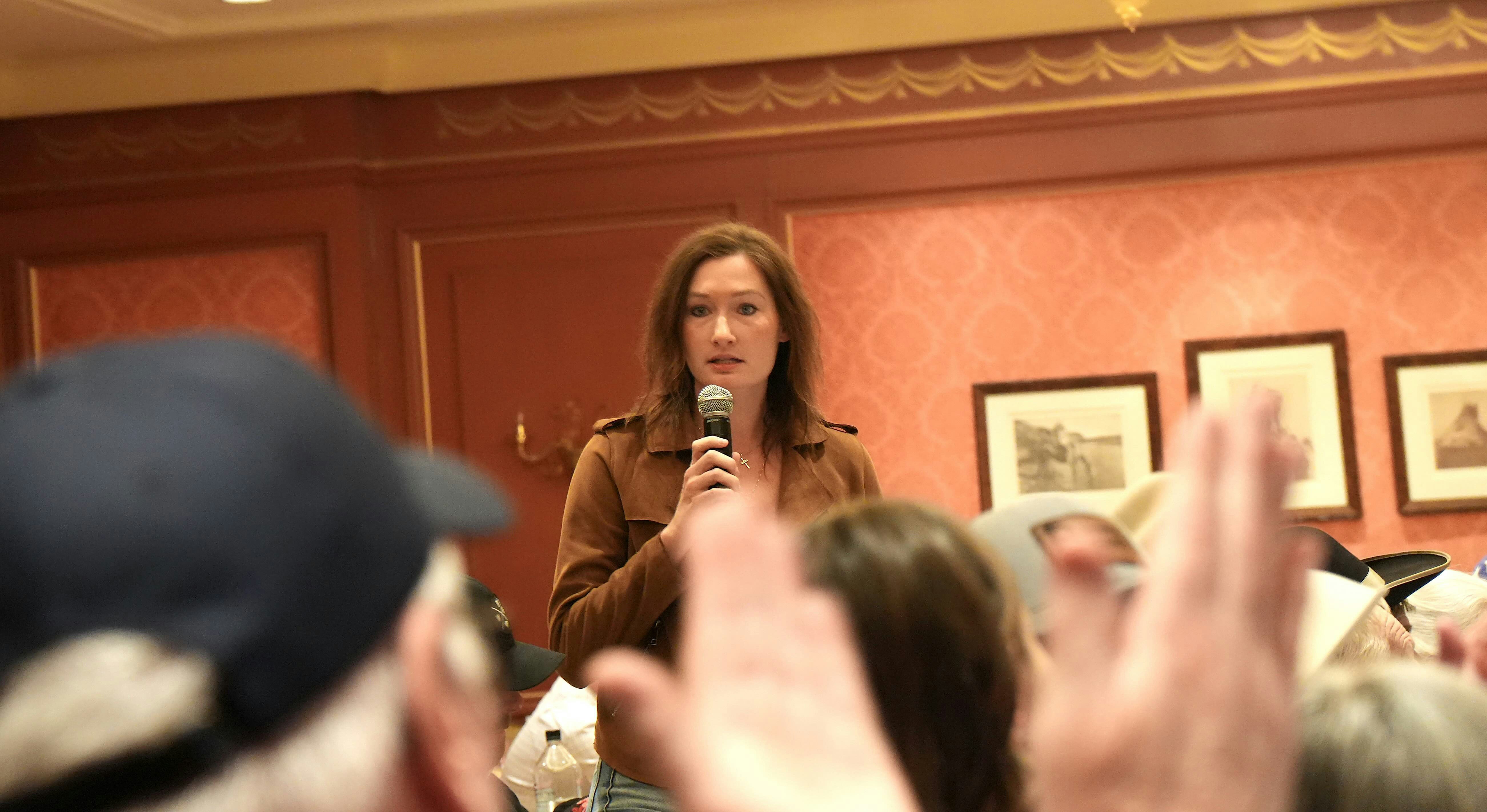 Teton County Republican Party Chair Kat Rueckert scolds the media during Saturday's Wyoming Republican Party Central Committee meeting.