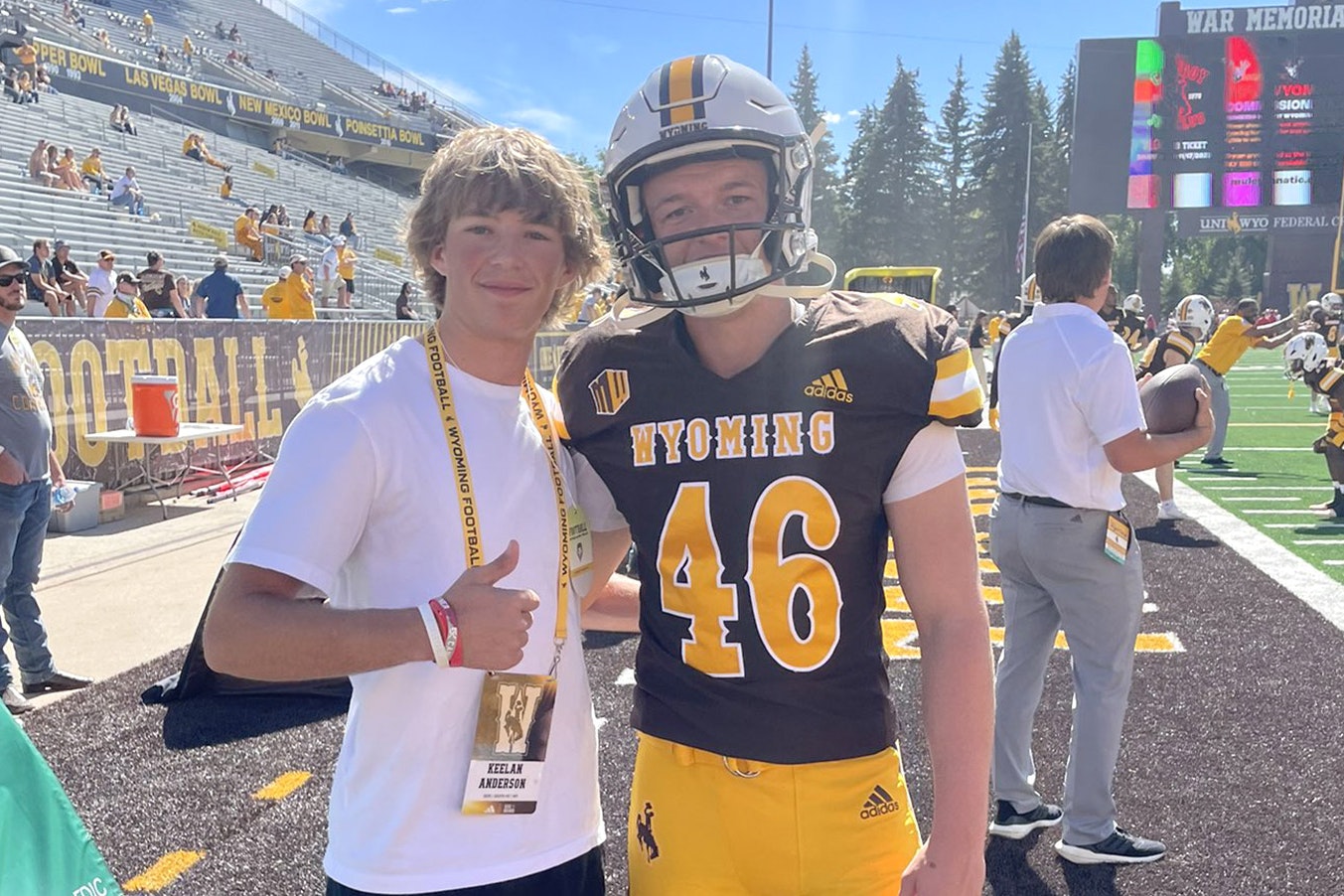 South High School senior Keelan Anderson, left, has the nation's longest field goal this season at 61 yards. He's seen here with University of Wyoming kicker John Hoyland during a recent visit to War Memorial Stadium.