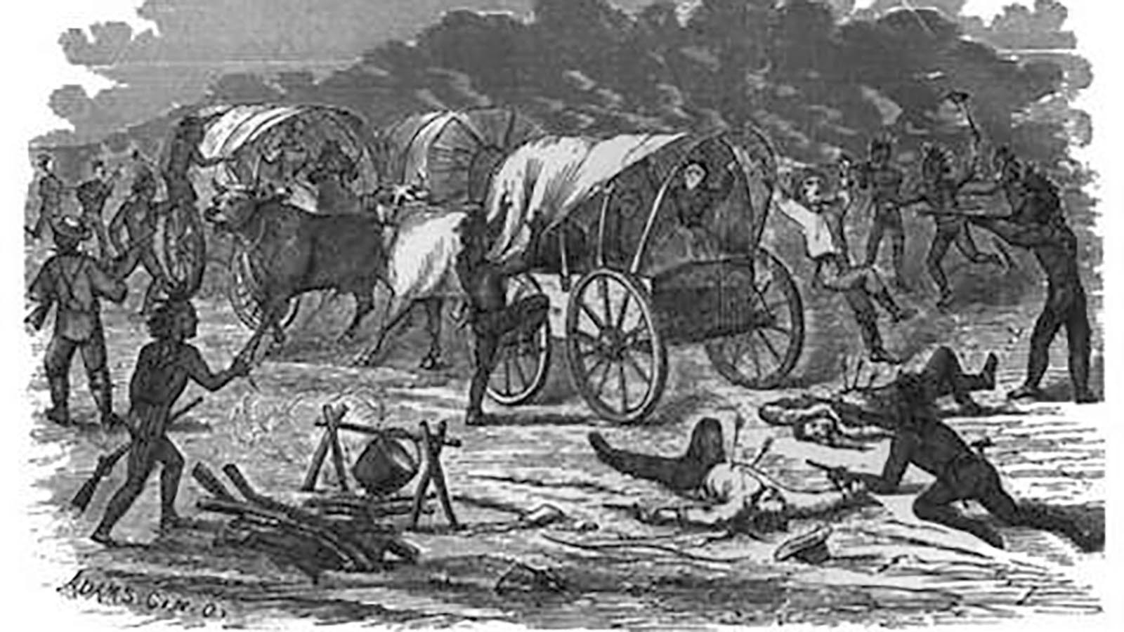 Artist's conception of the wagon train attack, from Fanny Kelly's 1871 book "My Captivity among the Sioux Indians."