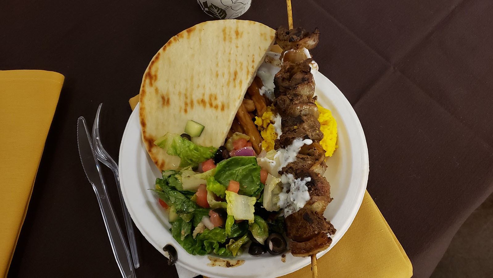 Lamb kebabs with rice salad and pita bread makes a delicious fast dinner at a local Kemmerer restaurant.