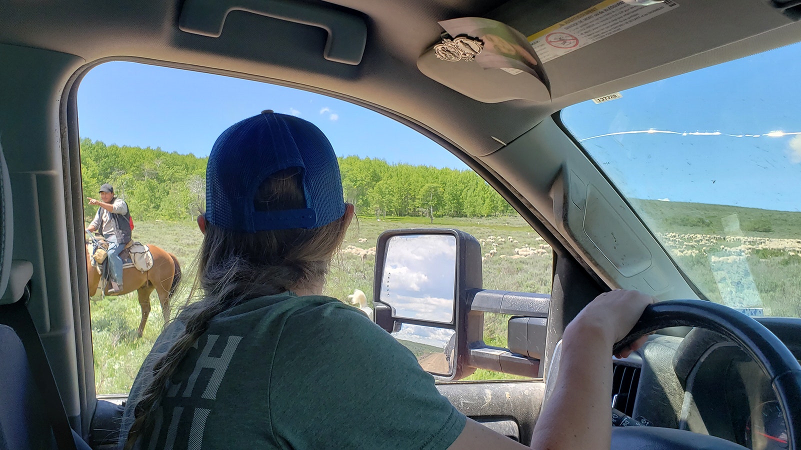 Marie McClaren talks to one of the sheepherders who tells her he needs medicine for a sheep, which she has in her truck.