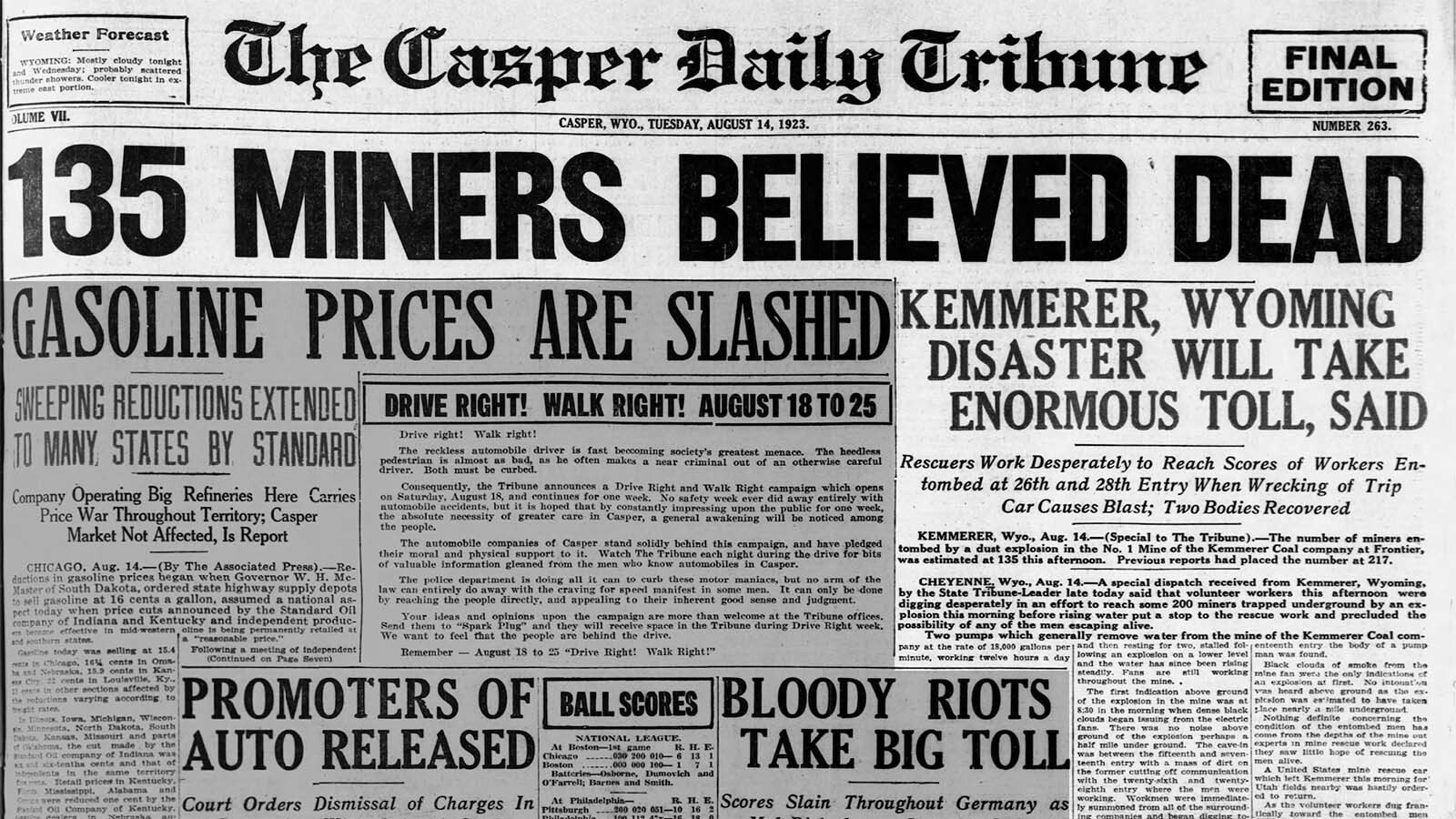 The Aug. 14, 1923, Casper Daily Tribune reports the disaster at Frontier Mine No. 1 near Kemmerer.