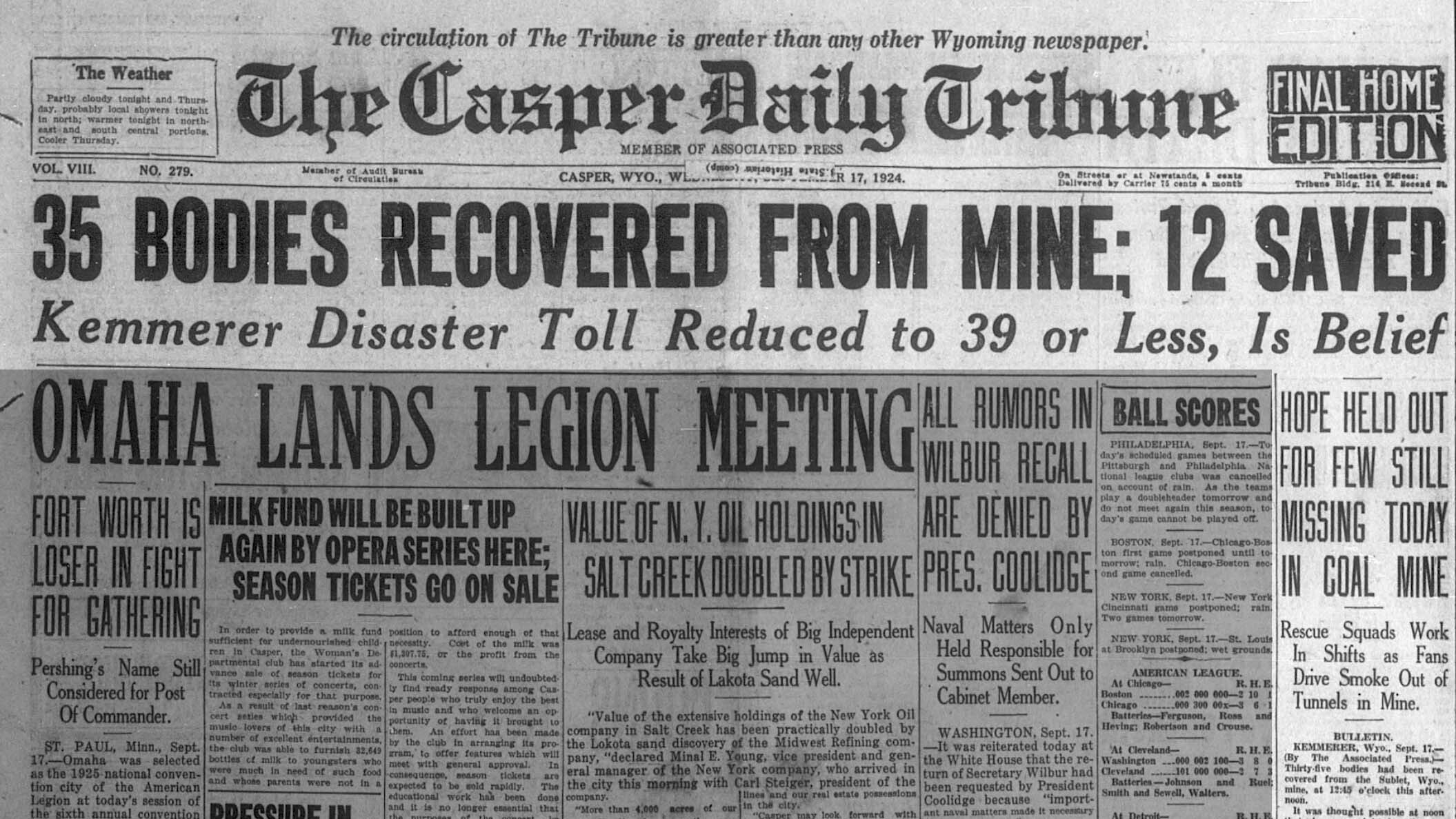 The Casper Daily Tribune on Sept. 17, 1924, reported the Sublet Mine No. 5 disaster.