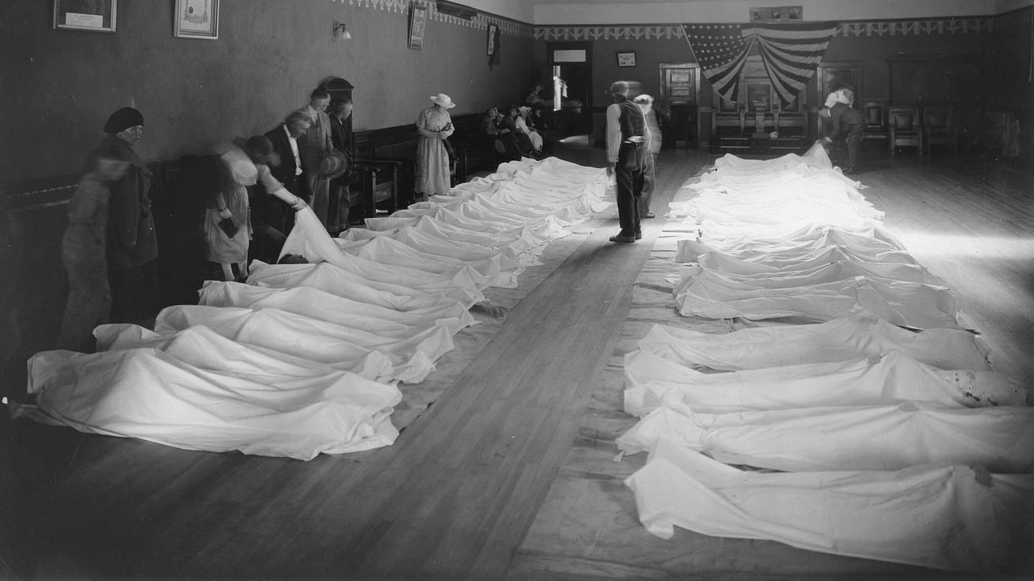Bodies from the Frontier No. 1 explosion in August 1923 are laid out in a temporary morgue.