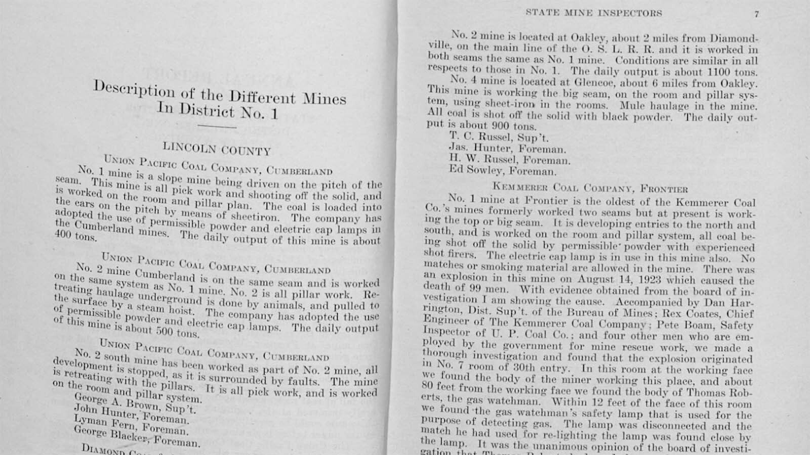 Pages in the 1923 State Coal Mine Inspectors report detail the Frontier No. 1 disaster.