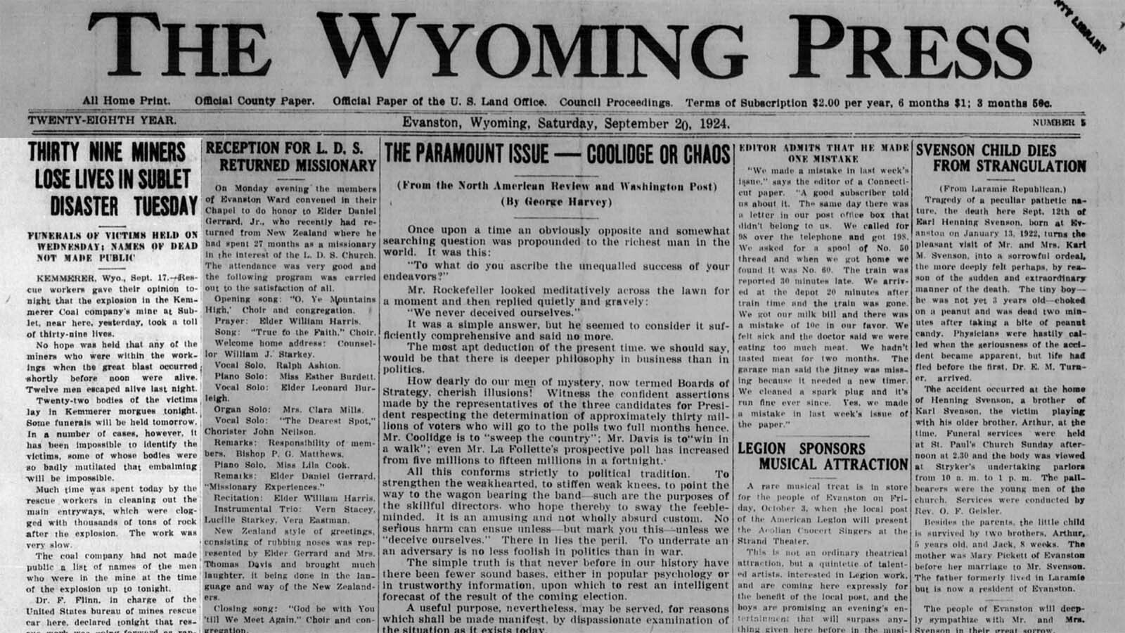 The Wyoming Press in Evanston reported on the loss of life in the Sublet mine disaster.