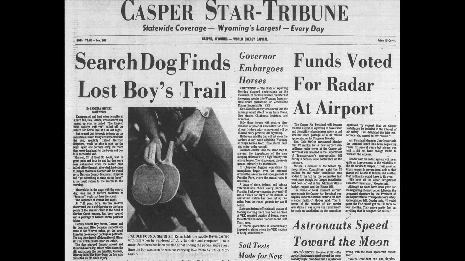 The Casper Star-Tribune on July 27, 1971, carried a story about the pingpong paddle that Kevin Dye carried the day he was lost.