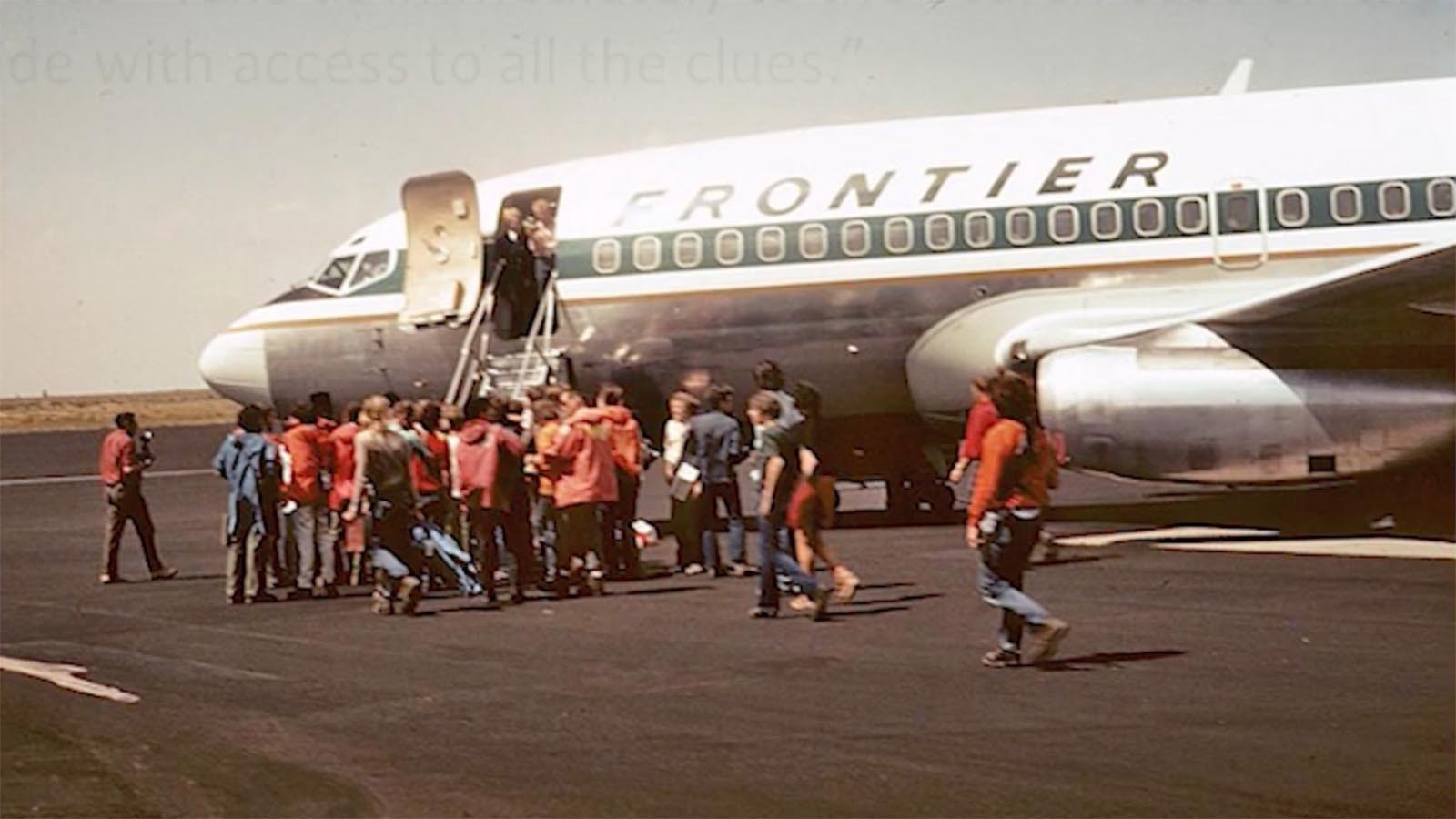 Members of the Boulder, Colorado-based Rocky Mountain Rescue Group arrive at the airport in Casper in 1971.