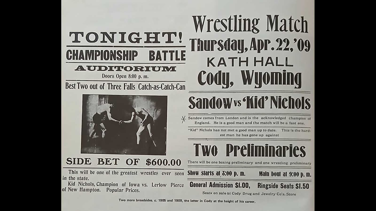 A wrestling flier promotes a Kid Nichols’ battle in Cody.