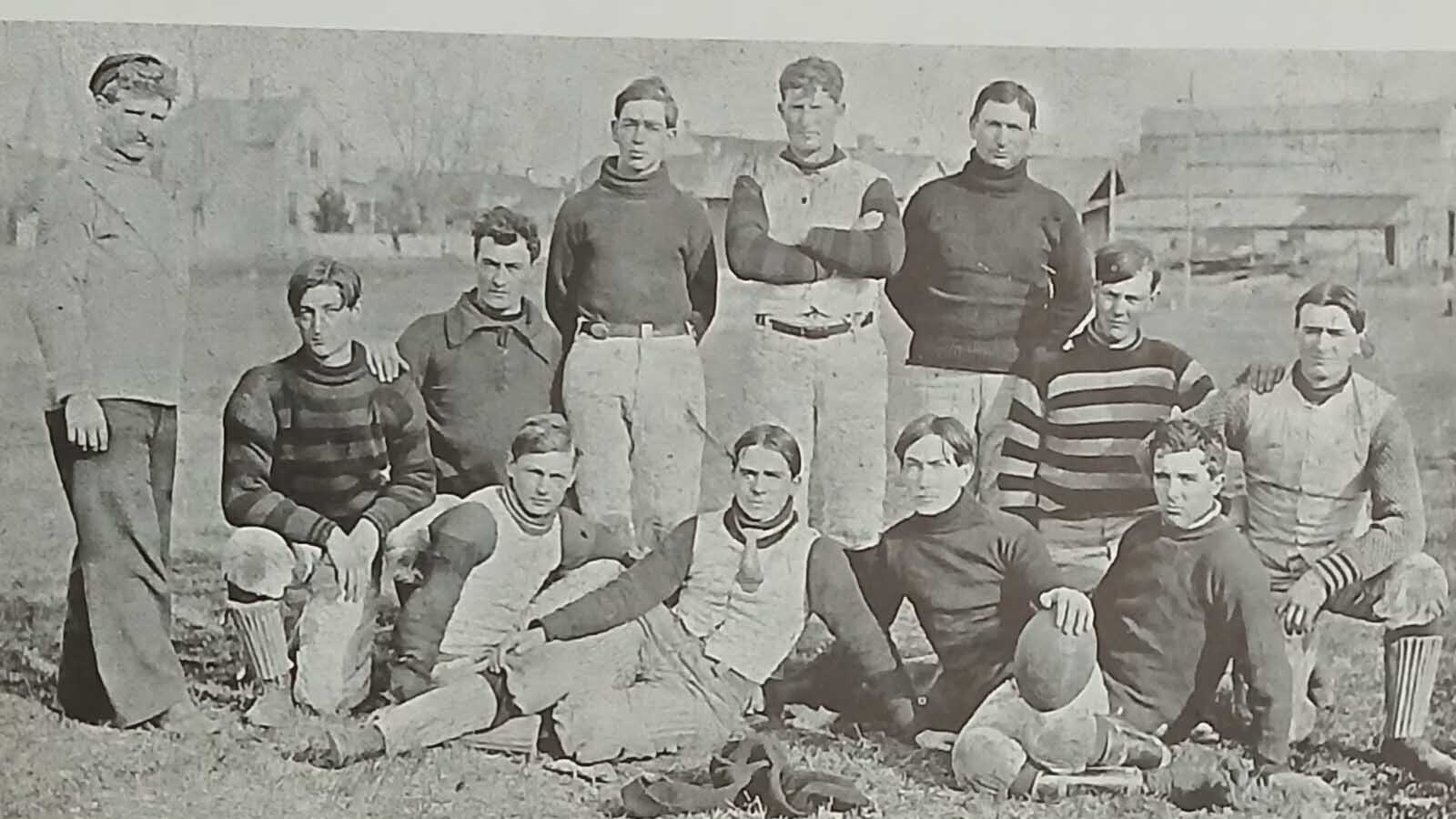 Kid Nichols, right, in a photo with the Iowa State University football team. He had to leave school after an altercation with a wrestling coach over a co-ed, Jim Nichols said. Photo taken from the book, “The Candy Kid,” written by Nichols’ daughter, Lucille Patrick.
