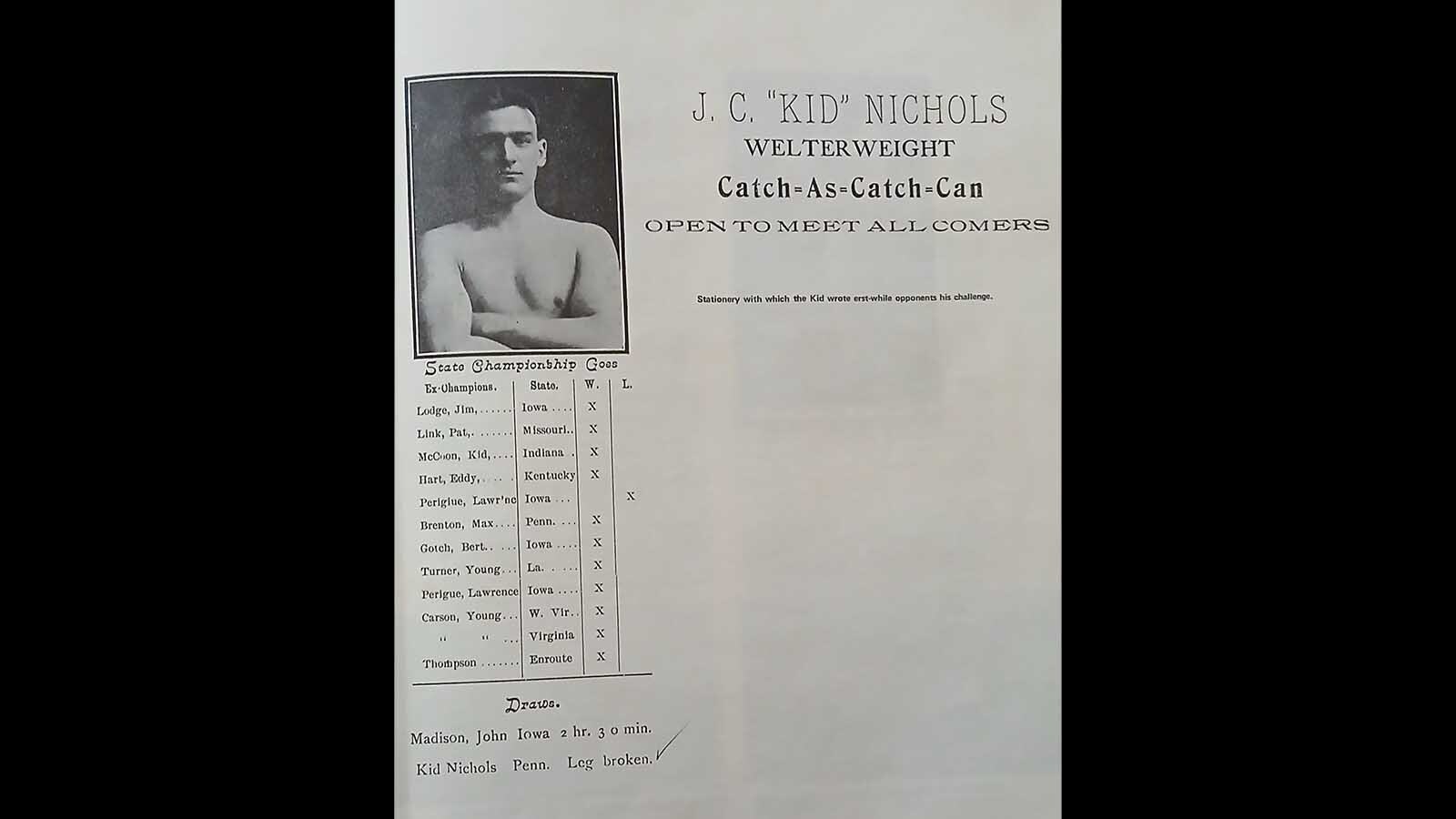 Stationery used by Kid Nichols to write challenges to opponents for bouts.