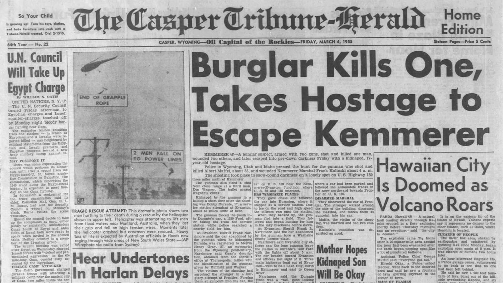 The Casper Tribune-Herald on March 4, 1955, reported on the initial shooting in Kemmerer and law enforcement’s search for the suspect.