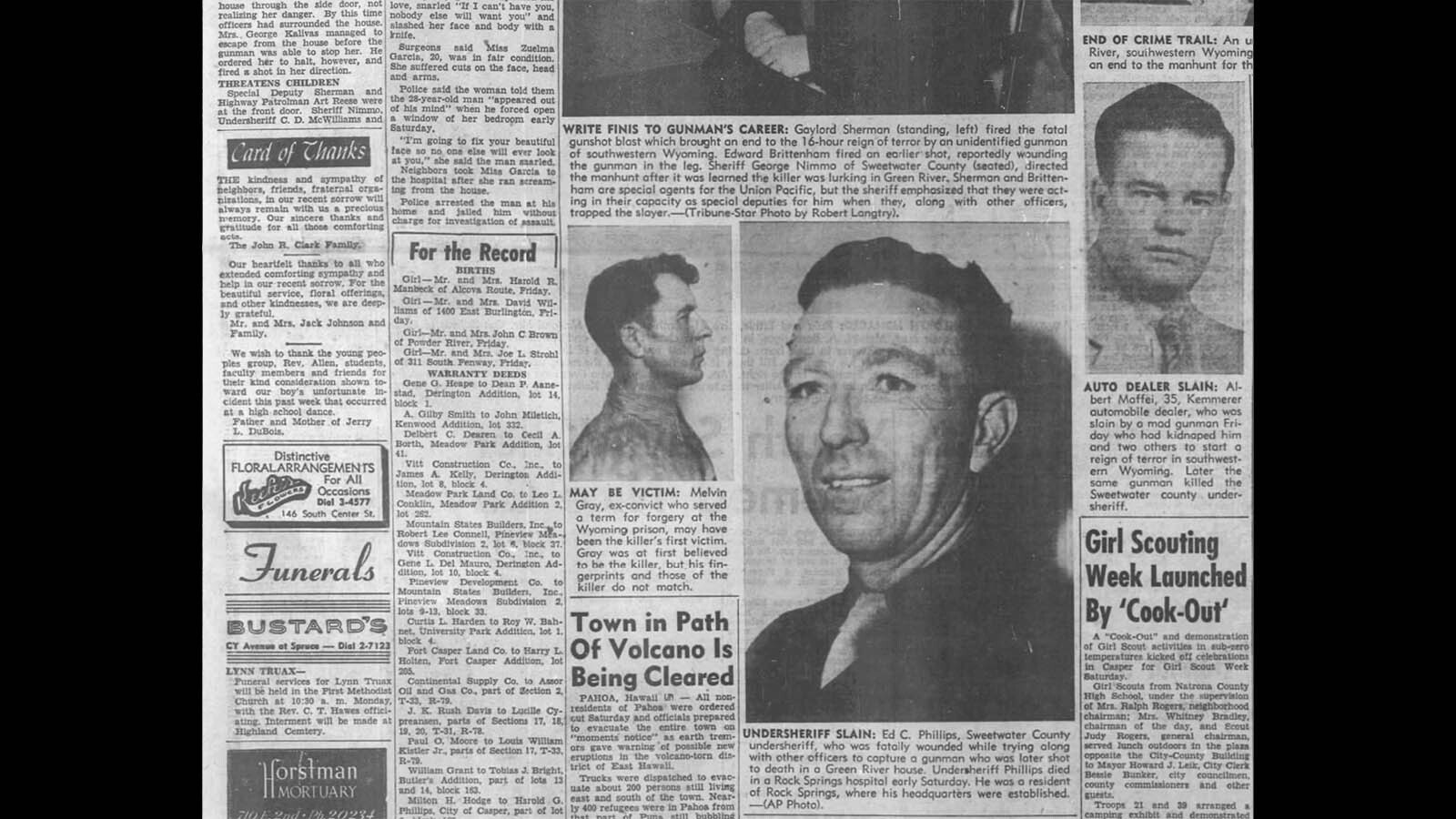 Photos in the Casper Tribune-Herald on March 6, 1955, include a photo of slain Sweetwater County Deputy Ed Phillips, the real Melvin Gray and the auto dealer shot by Charles Billings, Albert Maffei.