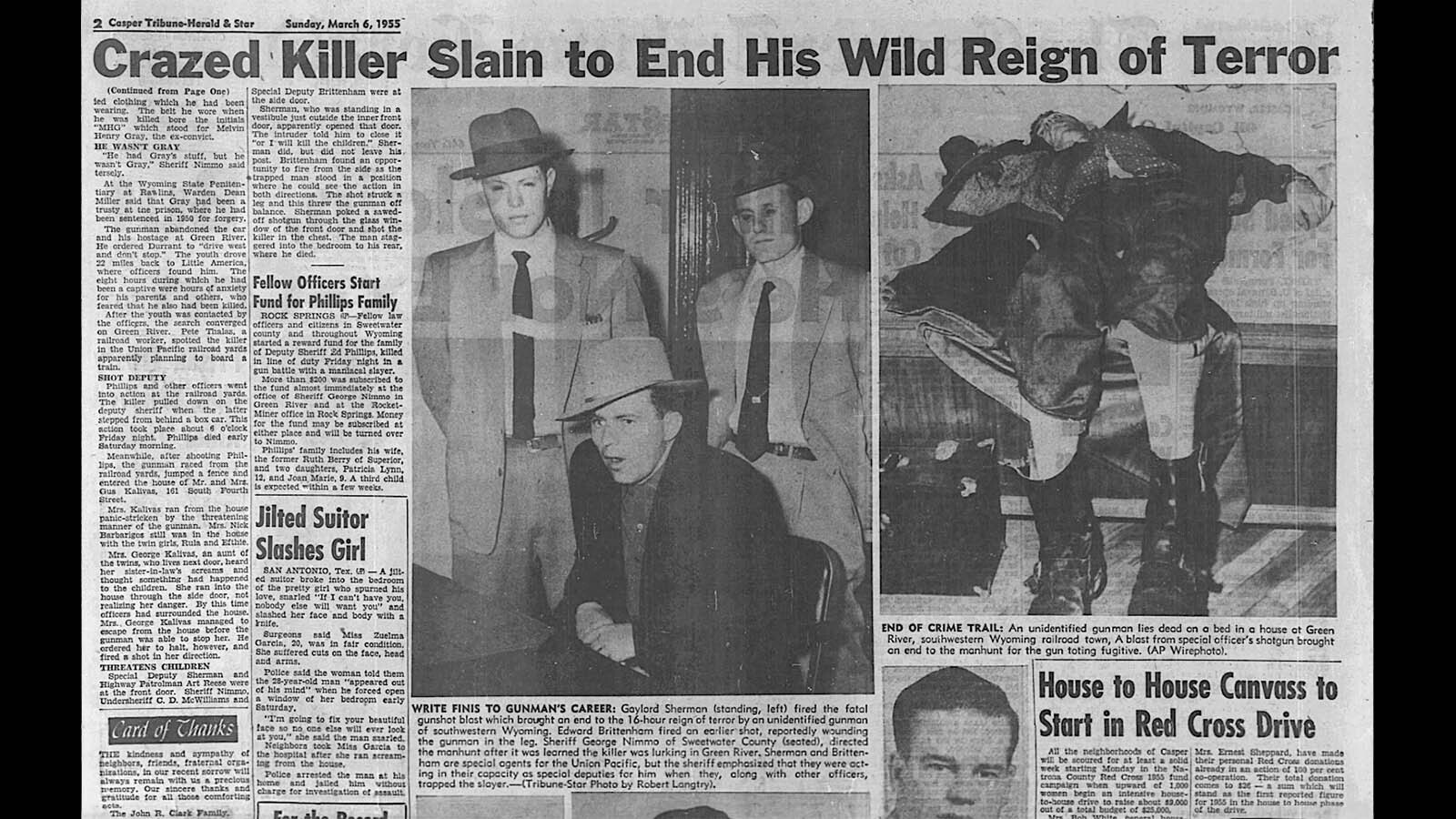 Photos in the Casper Tribune-Herald on March 6, 1955 included a photo of the law officers involved in Charles Billings capture and his body on a bed in the Kalivas home.