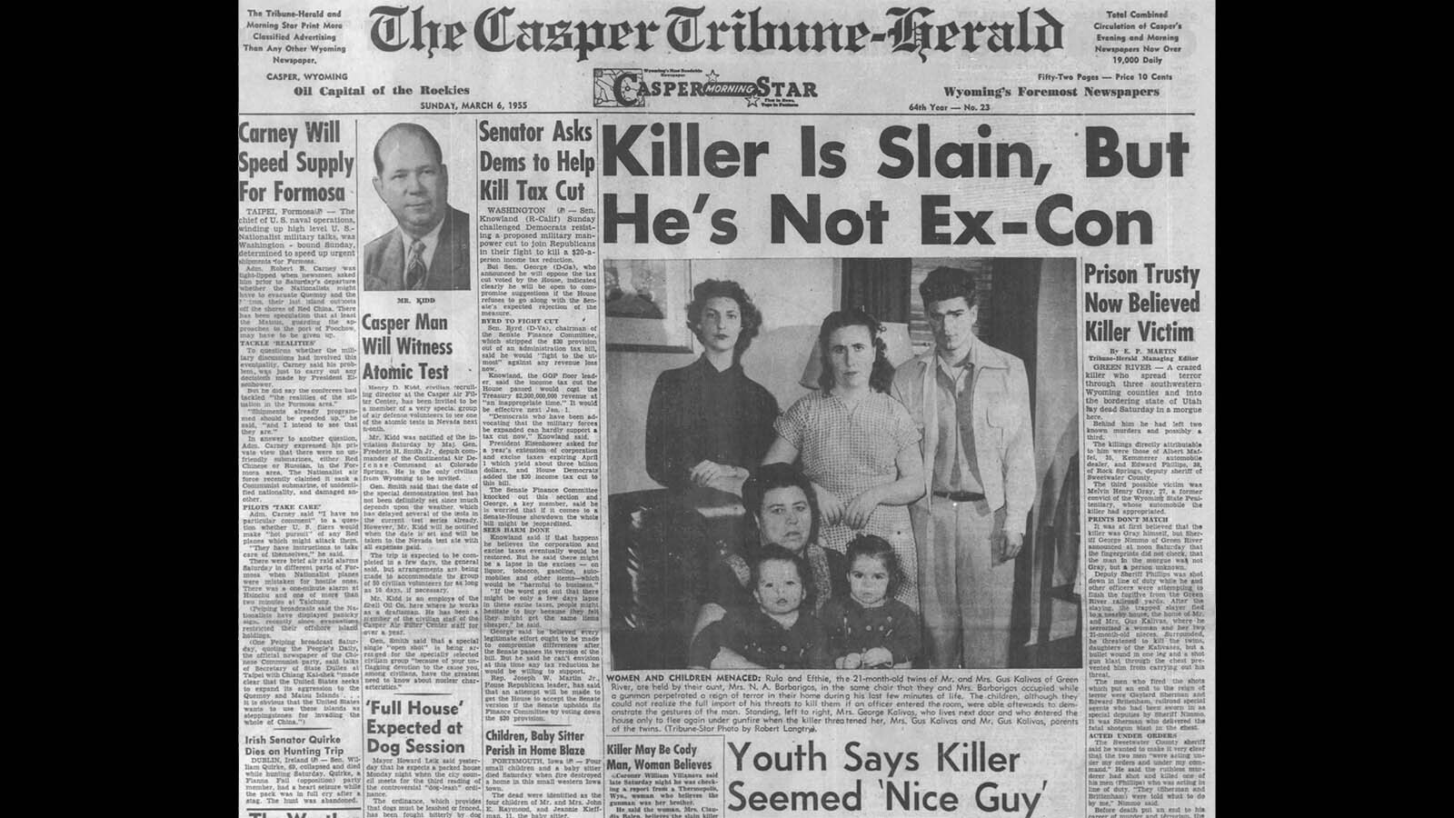 The Casper Tribune-Herald carried a front-page story on March 6, 1955, on the terror spree and uncovering of the true identity of Charles Billings.