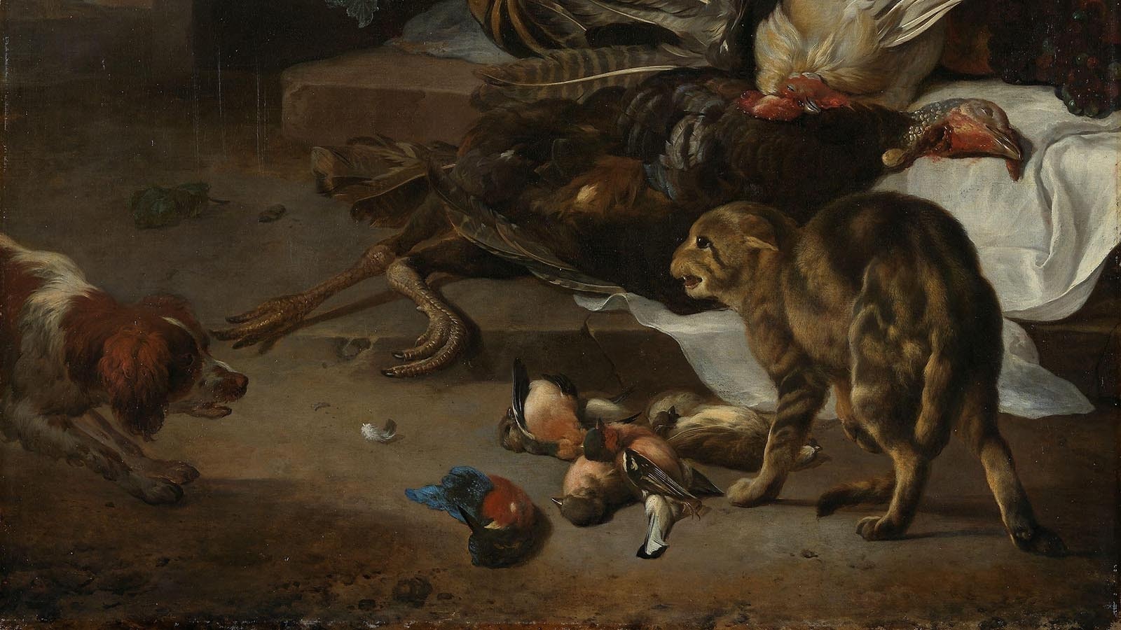 Cats can be cold-blooded killers, and have been for centuries. This painting circa 1654-1695 by Melchior d'Hondecoeter shows a cat protecting its successful hunt of birds from a dog.