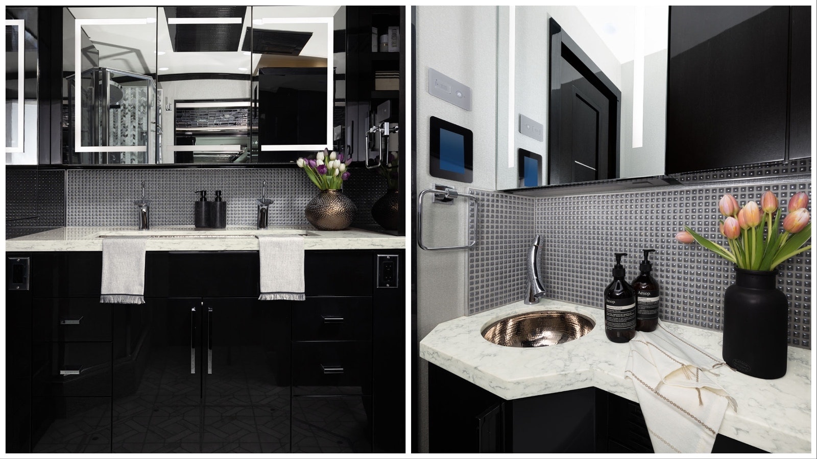 The high-end luxury King Aire model RV from Newmar includes multiple vanity area to freshen up.