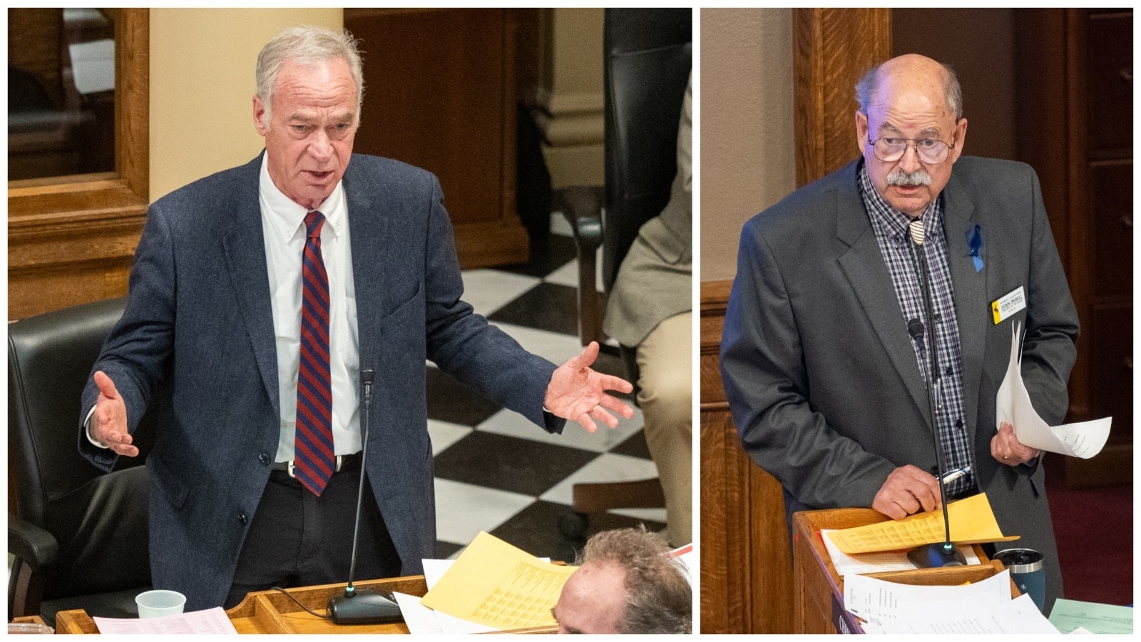 State Sen. Dave Kinskey, left, pleaded for more time to hammer out a budget with the Wyoming House, but Senate President Ogden Driskill, right, appointed a new negotiating committee.