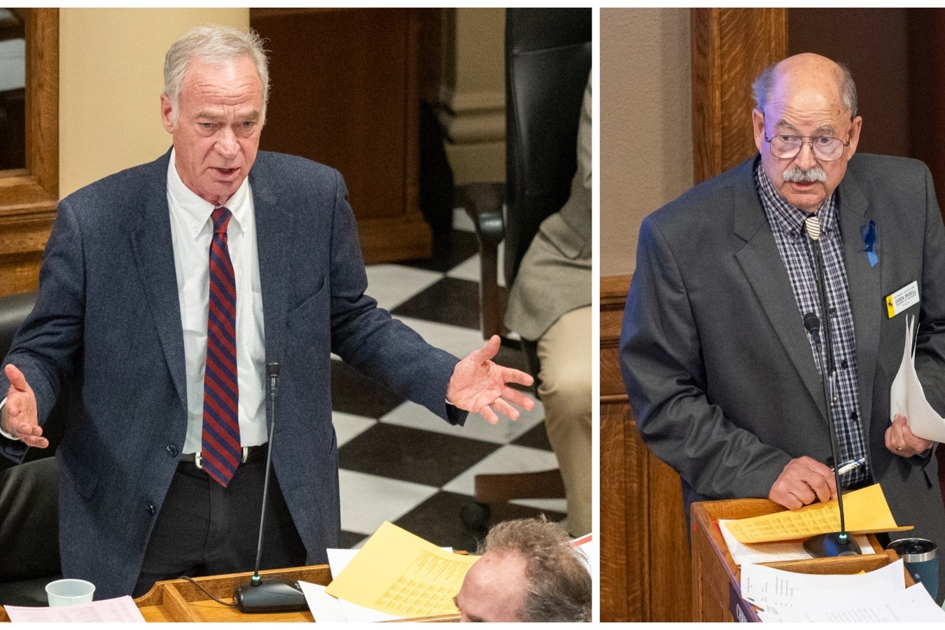 State Sen. Dave Kinskey, left, pleaded for more time to hammer out a budget with the Wyoming House, but Senate President Ogden Driskill, right, appointed a new negotiating committee.