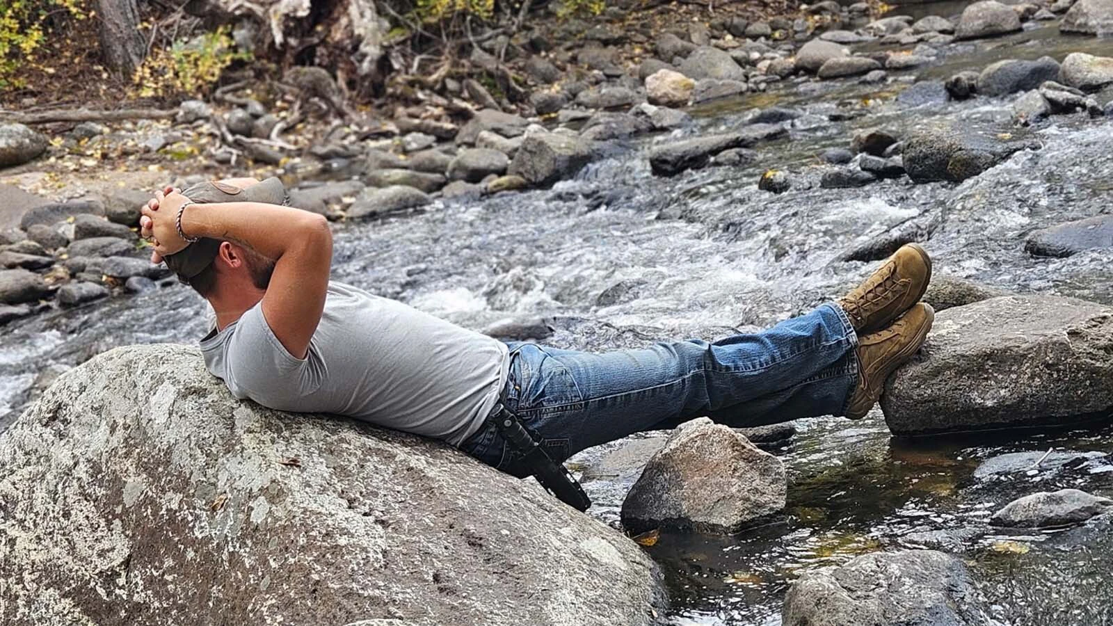Dylan Sparks of Buffalo open carries a large Ka-Bar (or K-Bar) fixed-blade knife with him wherever he goes. Wyoming law permits carrying such knives, but it’s illegal to carry them in some other states.