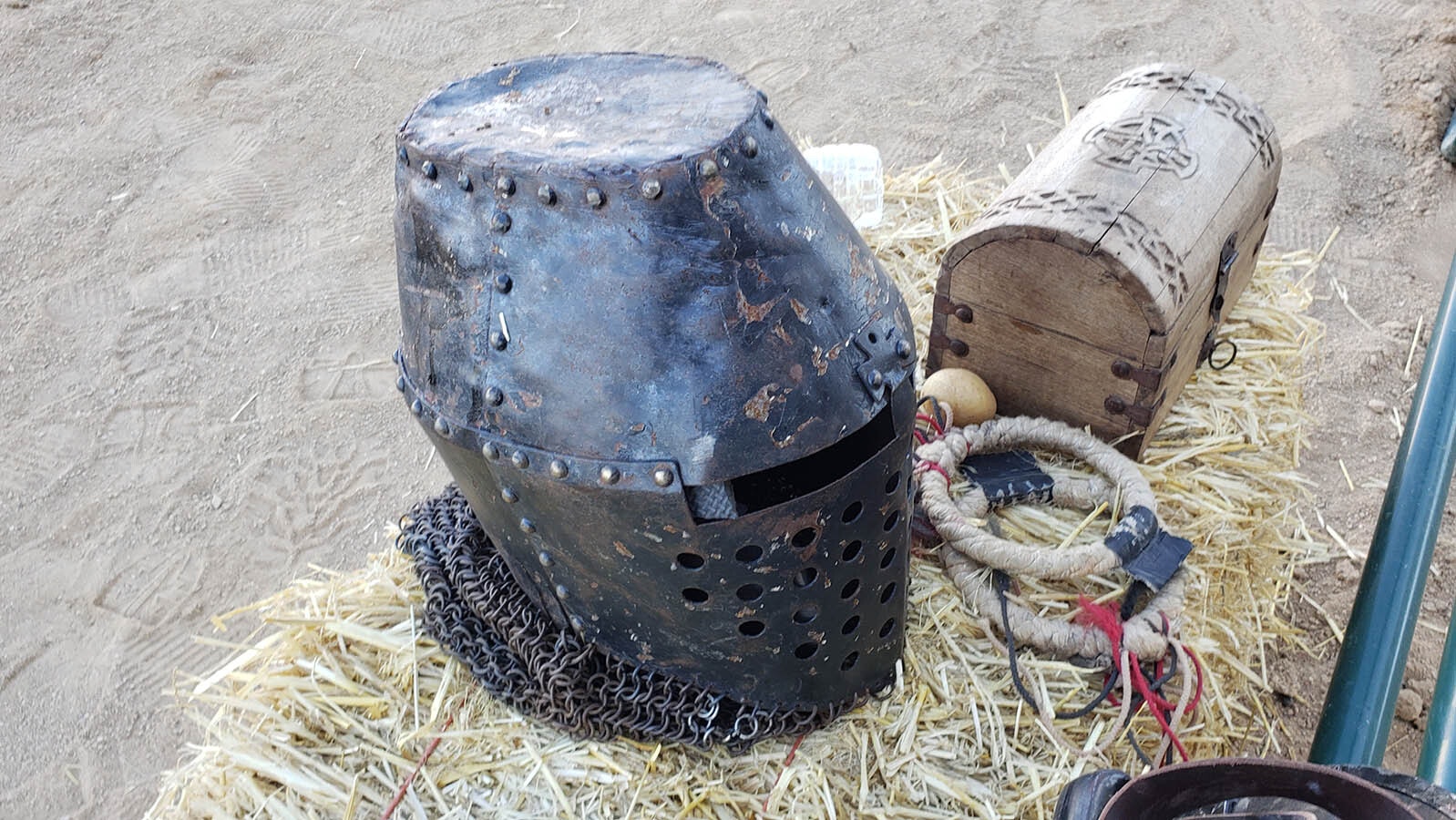 The jousting helmets restrict vision to a tiny slit.