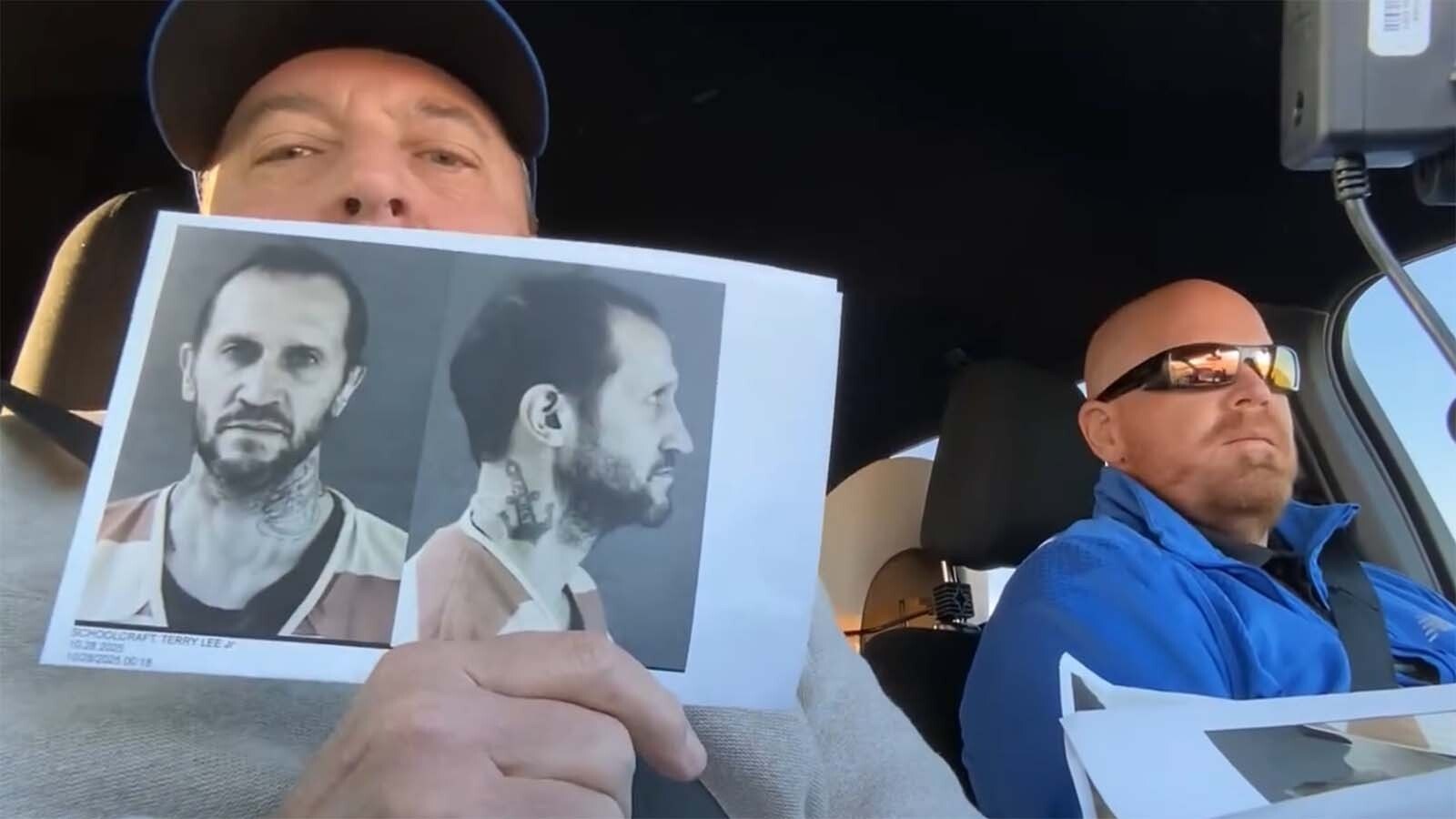Laramie County Sheriff Brian Kozak, along with Chief Deputy Aaron Veldheer, with a mug shot of Terry Schoolcraft.