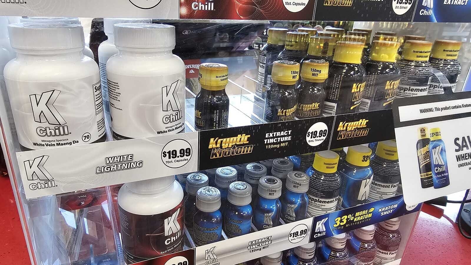 Kratom products for sale at a Cheyenne convenience store.