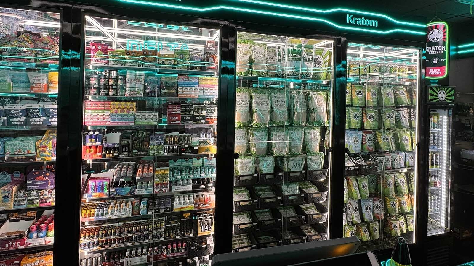 A large display of kratom products at a Cheyenne shop.