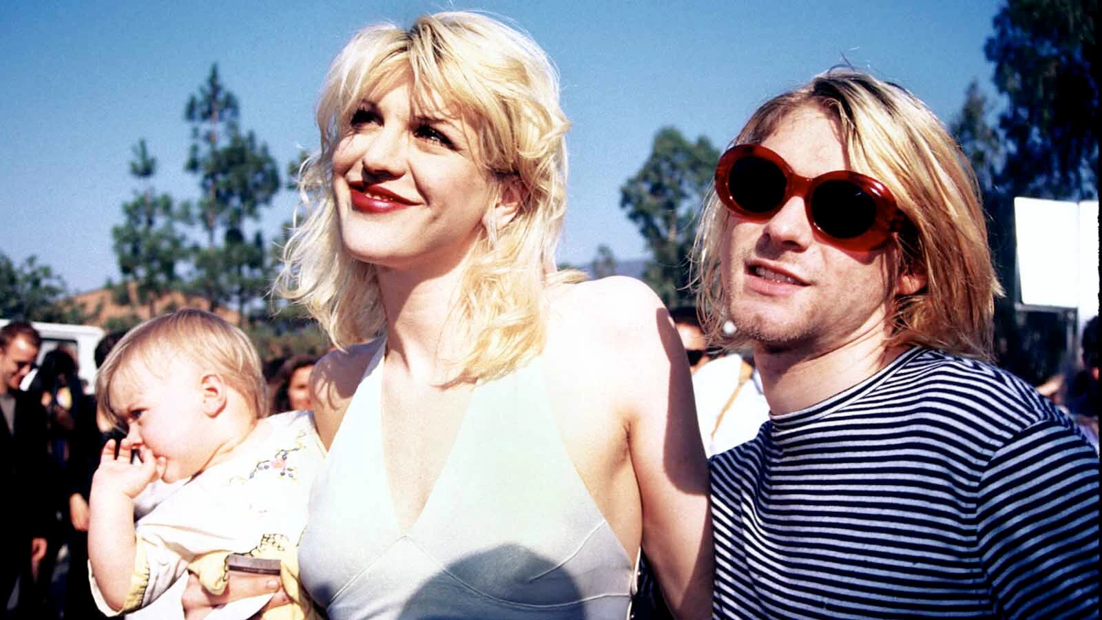 Kurt Cobain, Courtney Love and baby Frances Bean attending the 1993 MTV Music Video Awards in Los Angeles on Sept. 2, 1993.