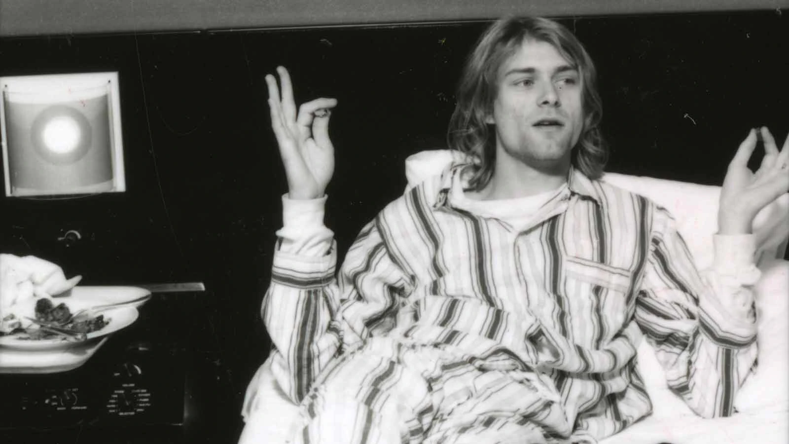 Kurt Cobain of Nirvana, lying in bed wearing pyjamas in Roppongi Prince Hotel in Tokyo, Japan, during an interview on Dec. 19, 1992.