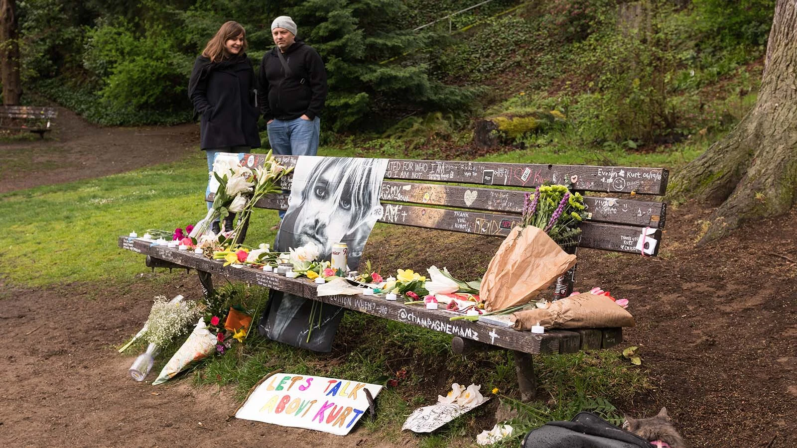 A bench at Viretta Park in Seattle next to Kurt Cobain's house on the 25th anniversary of his death. The bench has become a place visited by tourists from around the world, they leave items Kurt would have liked and scribble personal messages to the music icon. Kurt was known to sit on the bench and play his guitar.