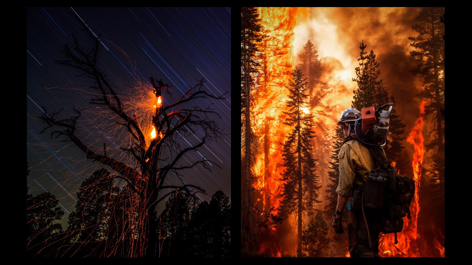 To the eye it was almost hard to tell this tree in Custer State Park, left, was burning except for the occasional lonely ember drifting down. Miller used a pocket tripod and left the shutter open for nearly an hour creating the wild ember trails. Right, a wildland firefighter walks along the edge of the Dixie Fire in northern California in 2021. This firefighter’s job is to help monitor the ongoing backfiring operation and to watch for any embers falling onto the wrong side of the control line.