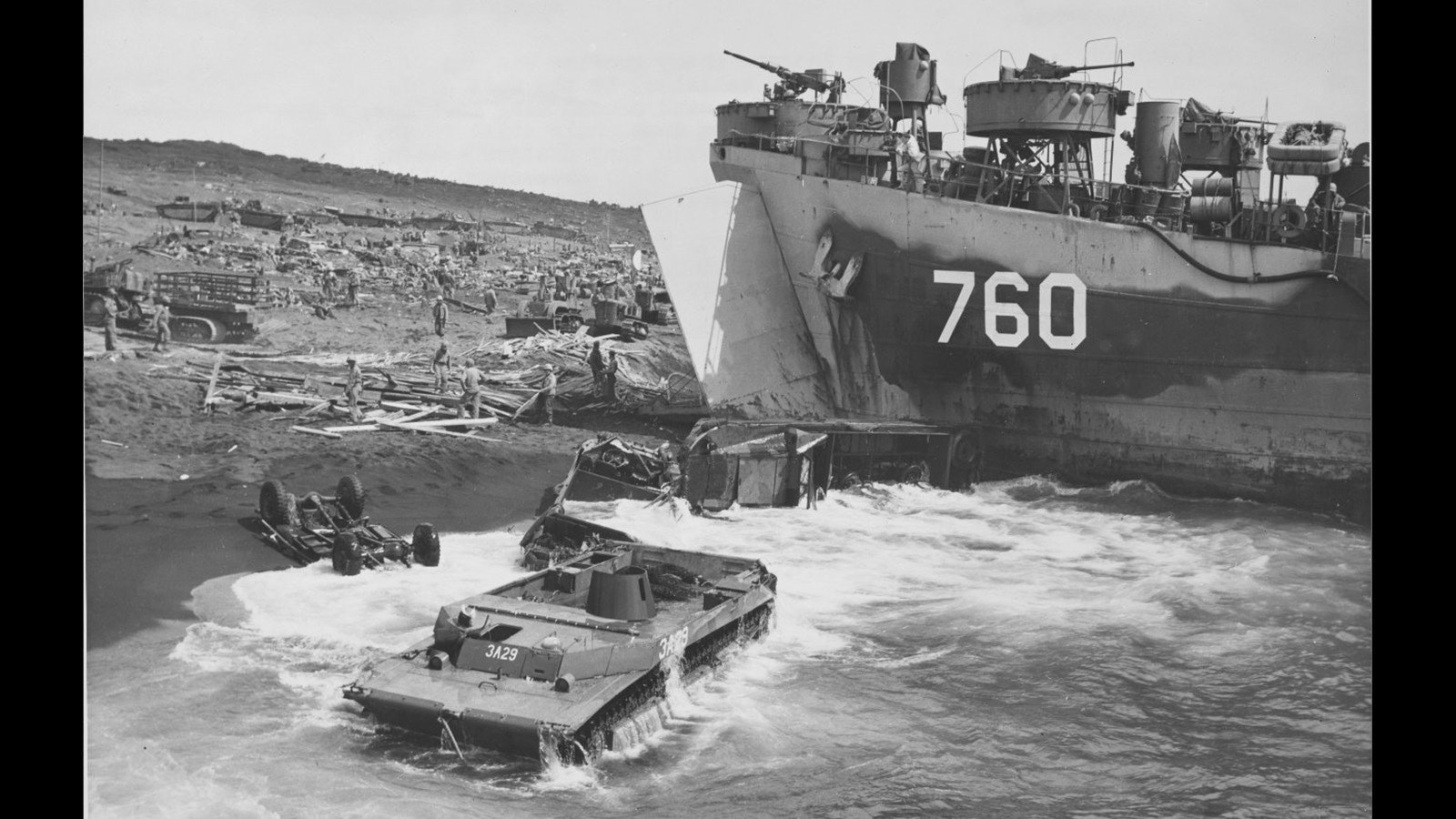 LST-760 unloads on the beachhead at Iwo Jima.