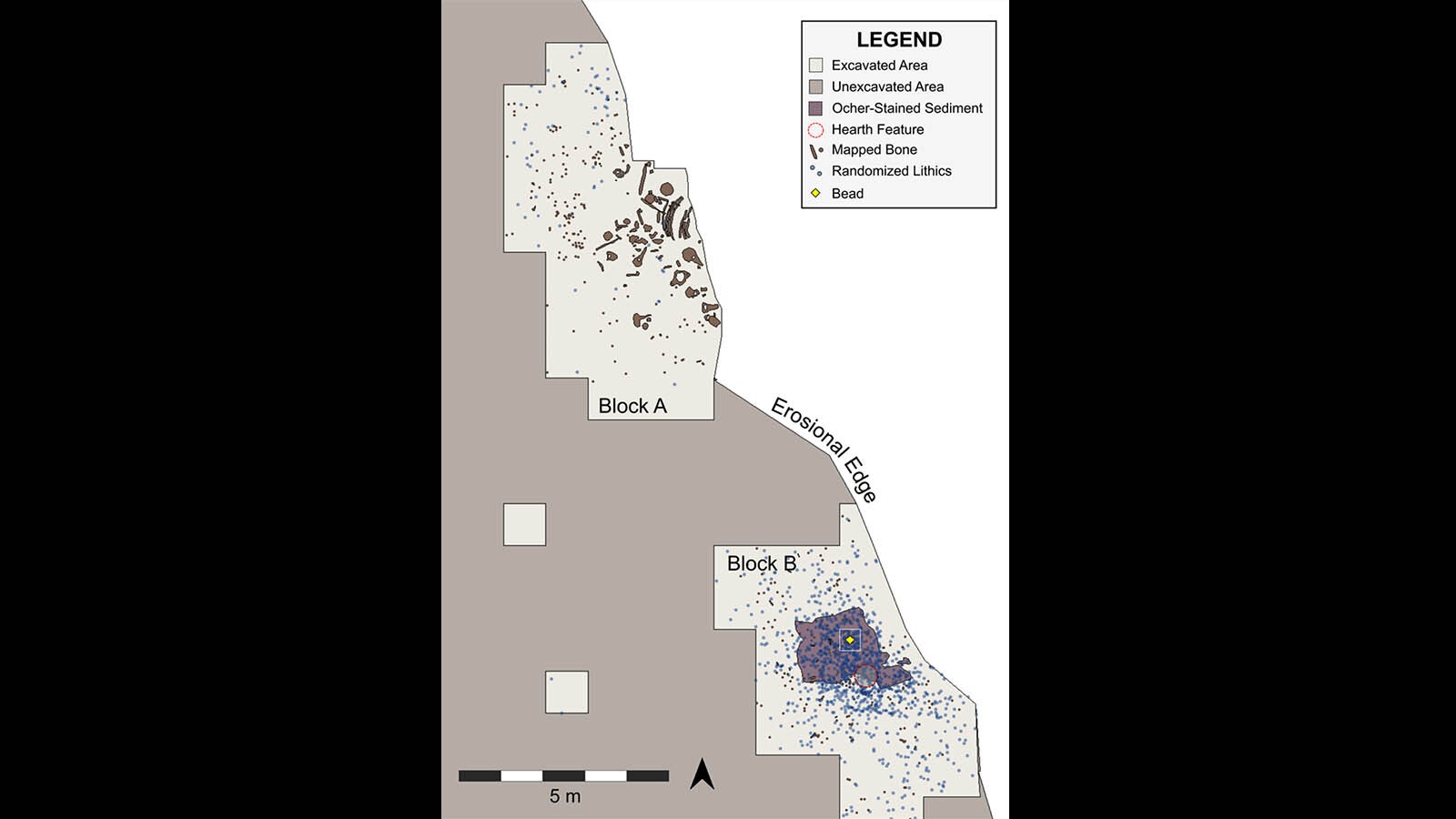 this map shows where in the La Peele Mammoth site the bone bead was found, the tiny yellow diamond int he excavation.